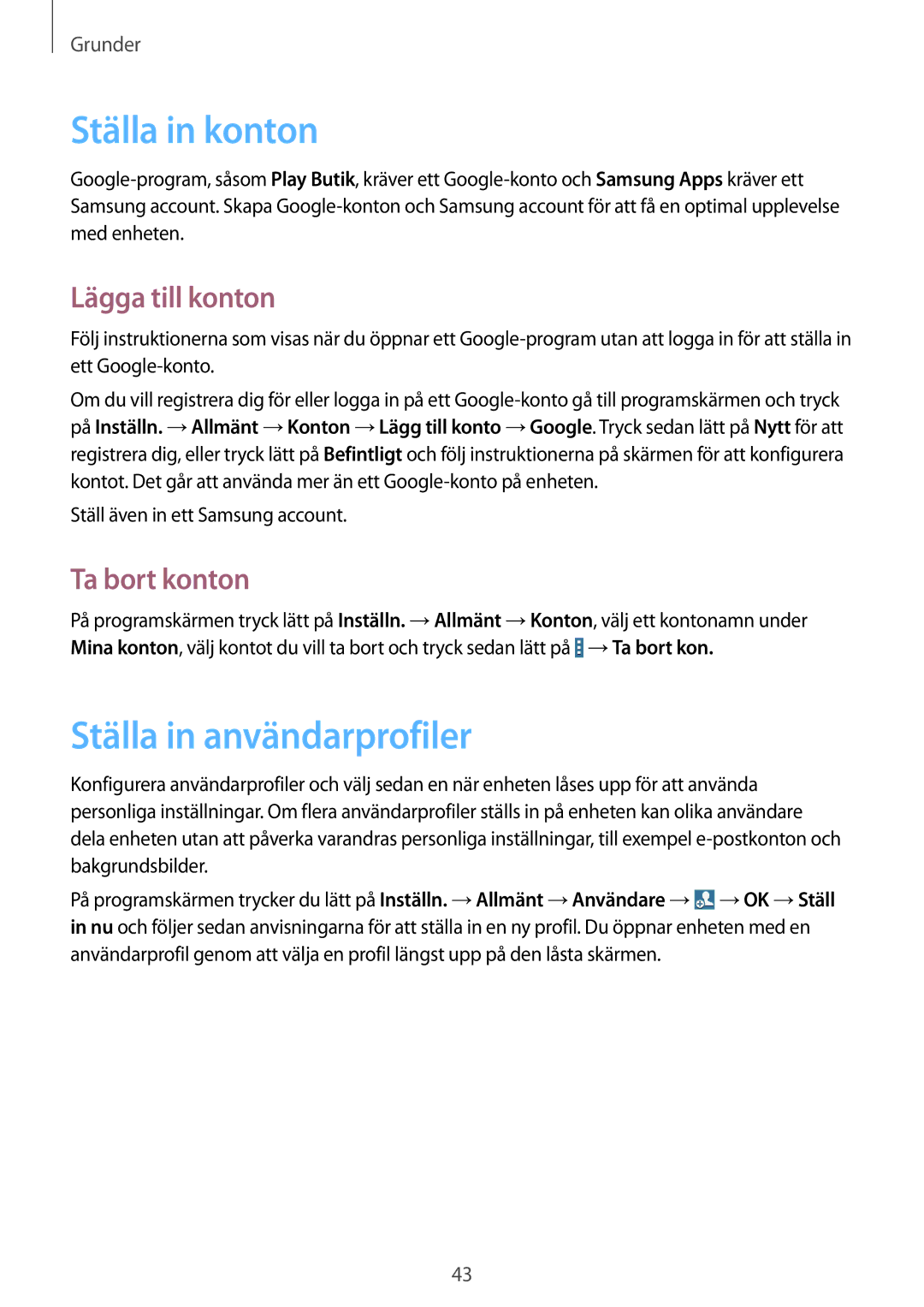 Samsung SM-T525NZWANEE, SM-T525NZKANEE Ställa in konton, Ställa in användarprofiler, Lägga till konton, Ta bort konton 