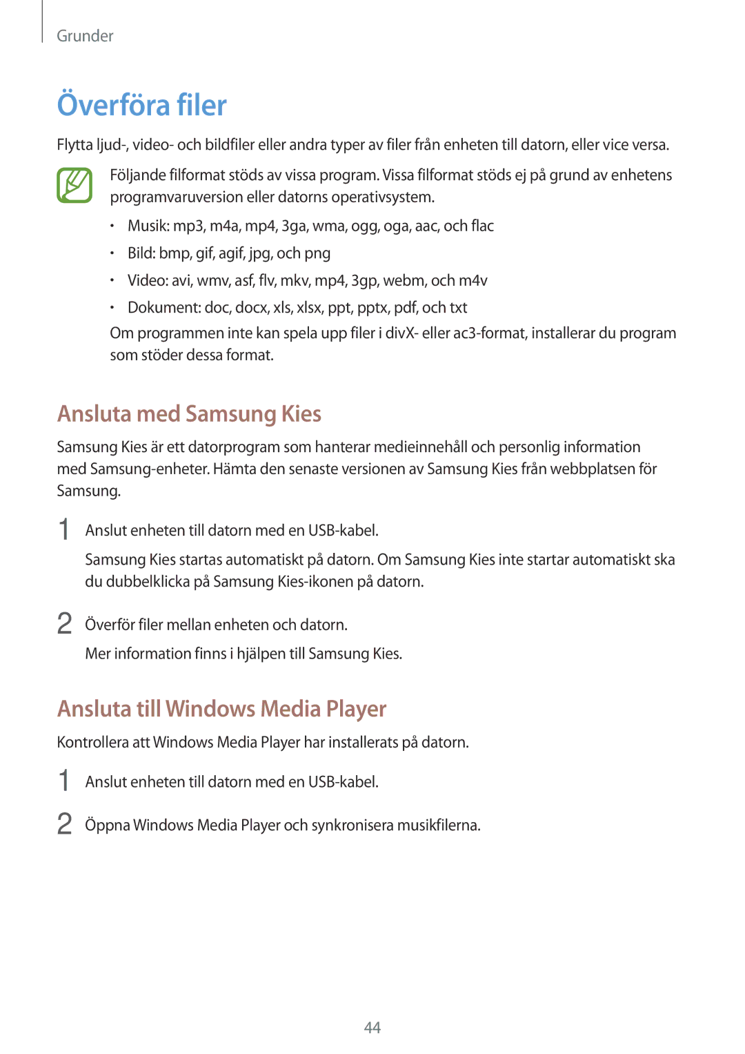 Samsung SM-T525NZKANEE, SM-T525NZWANEE manual Överföra filer, Ansluta med Samsung Kies, Ansluta till Windows Media Player 