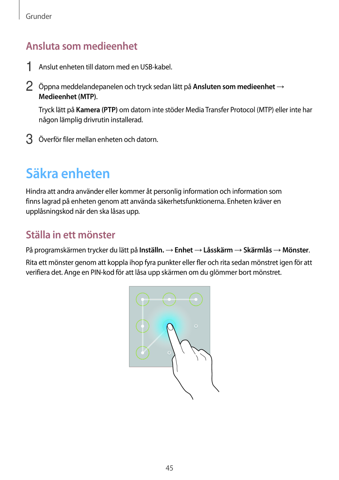 Samsung SM-T525NZWANEE, SM-T525NZKANEE manual Säkra enheten, Ansluta som medieenhet, Ställa in ett mönster, Medieenhet MTP 