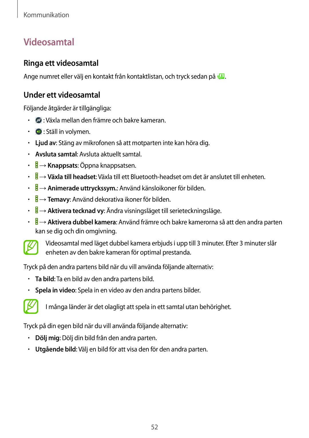 Samsung SM-T525NZKANEE, SM-T525NZWANEE manual Videosamtal, Ringa ett videosamtal, Under ett videosamtal 