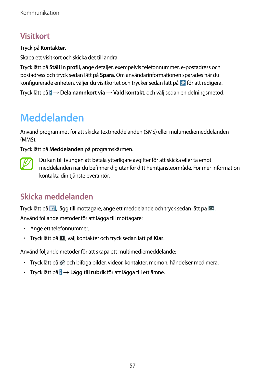 Samsung SM-T525NZWANEE, SM-T525NZKANEE manual Visitkort, Skicka meddelanden 