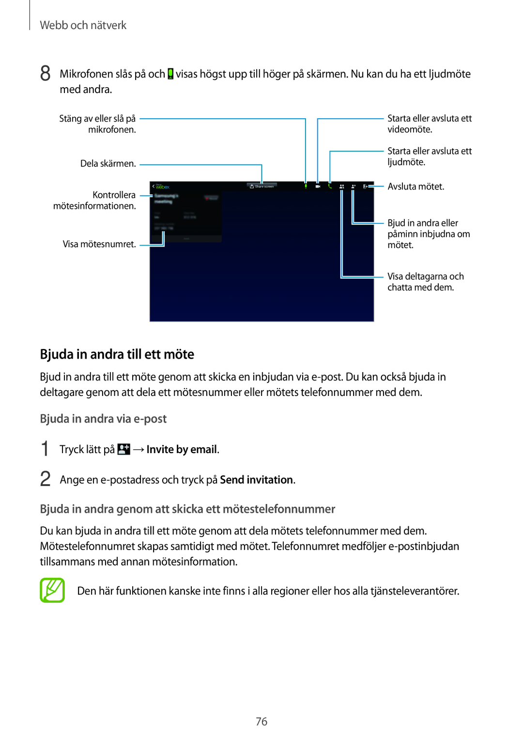 Samsung SM-T525NZKANEE manual Bjuda in andra till ett möte, Bjuda in andra genom att skicka ett mötestelefonnummer 