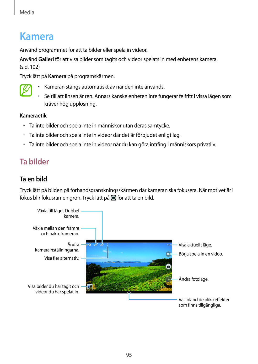 Samsung SM-T525NZWANEE, SM-T525NZKANEE manual Ta bilder, Ta en bild, Kameraetik 