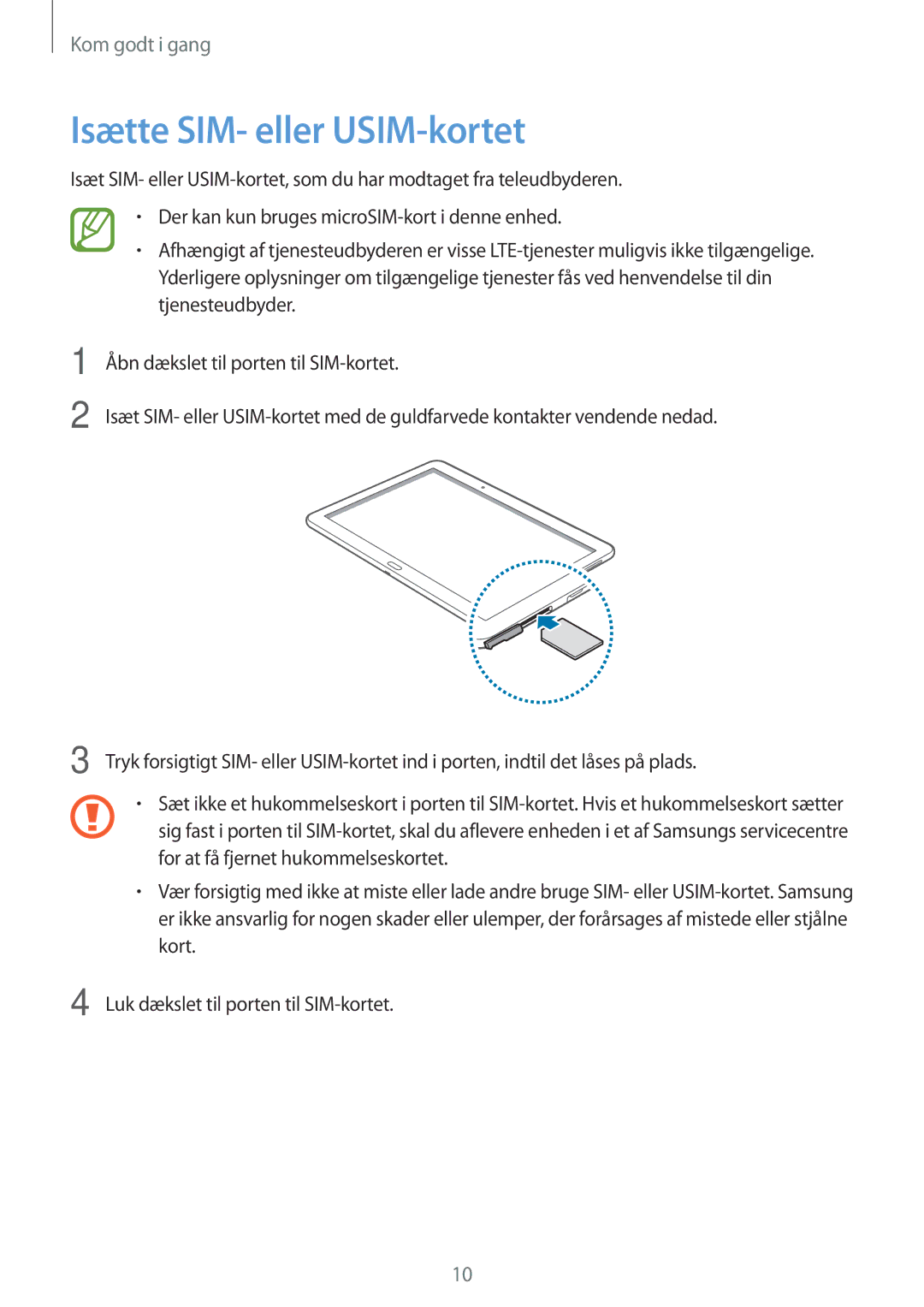 Samsung SM-T525NZKANEE, SM-T525NZWANEE manual Isætte SIM- eller USIM-kortet 