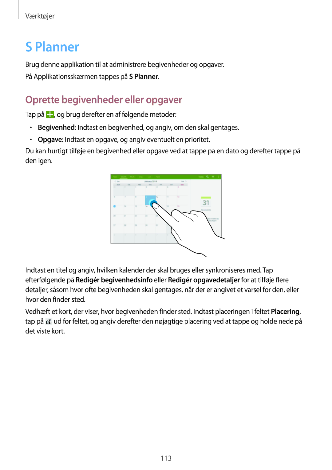 Samsung SM-T525NZWANEE, SM-T525NZKANEE manual Planner, Oprette begivenheder eller opgaver 