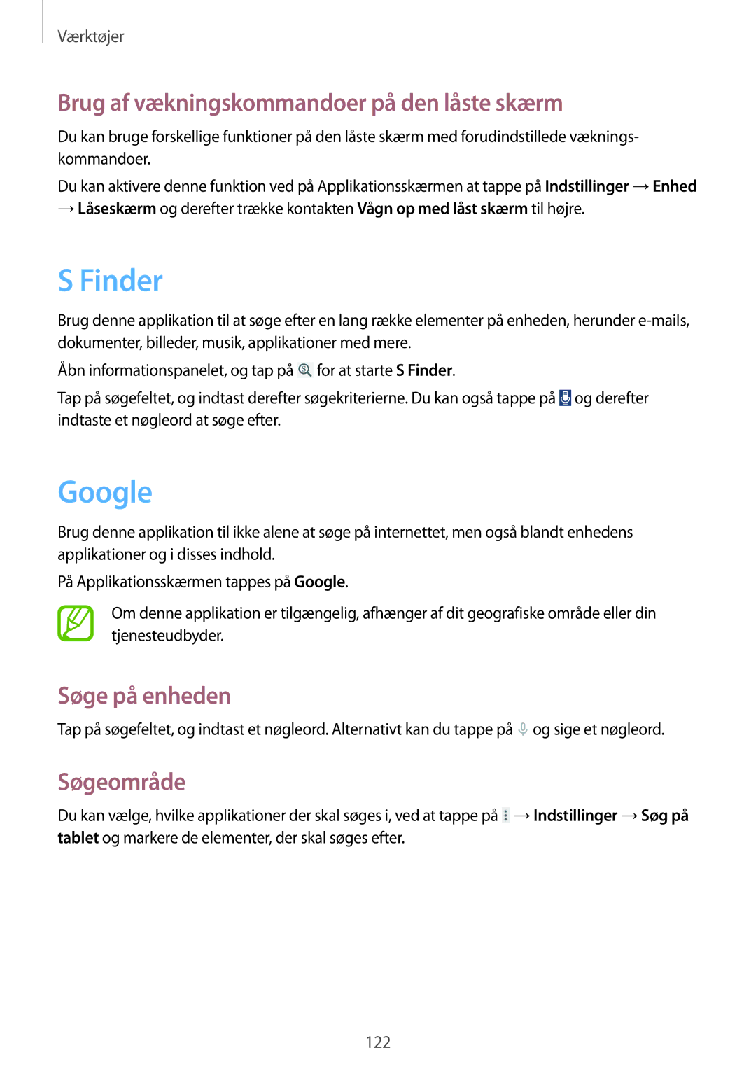 Samsung SM-T525NZKANEE manual Finder, Google, Brug af vækningskommandoer på den låste skærm, Søge på enheden, Søgeområde 