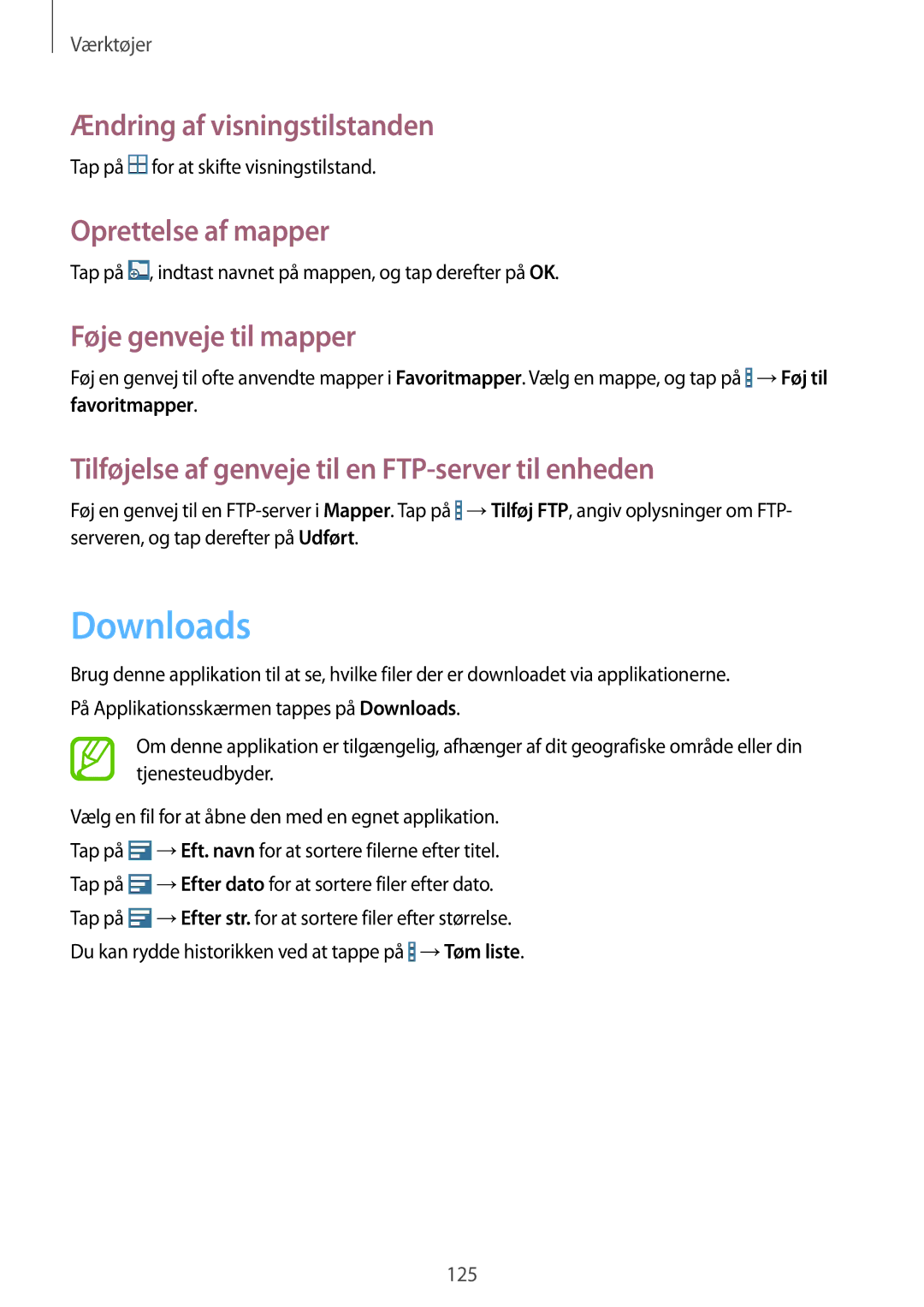 Samsung SM-T525NZWANEE manual Downloads, Ændring af visningstilstanden, Oprettelse af mapper, Føje genveje til mapper 