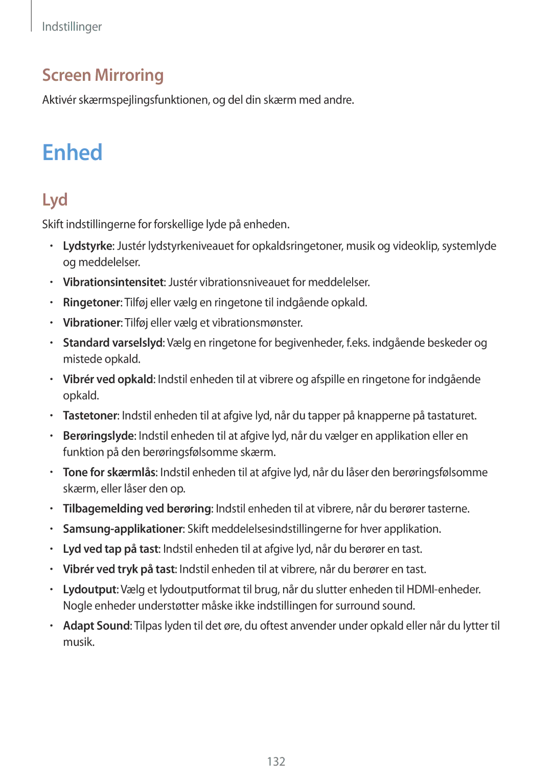 Samsung SM-T525NZKANEE, SM-T525NZWANEE manual Enhed, Screen Mirroring, Lyd 
