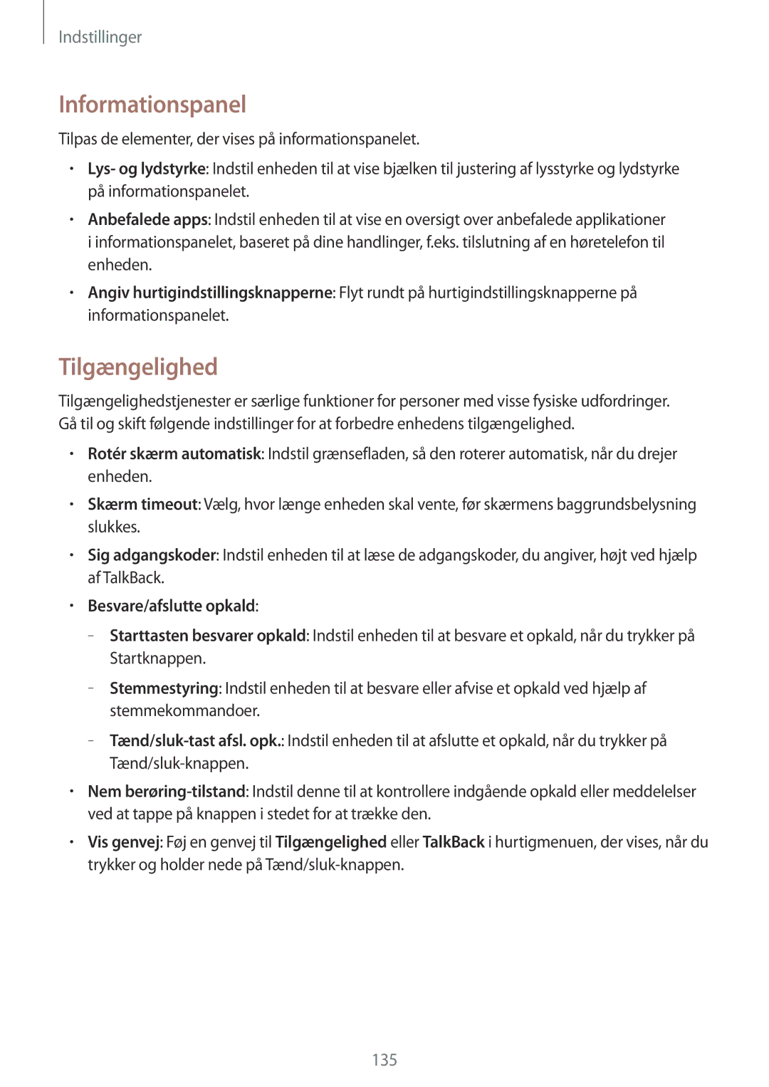 Samsung SM-T525NZWANEE, SM-T525NZKANEE manual Informationspanel, Tilgængelighed, Besvare/afslutte opkald 