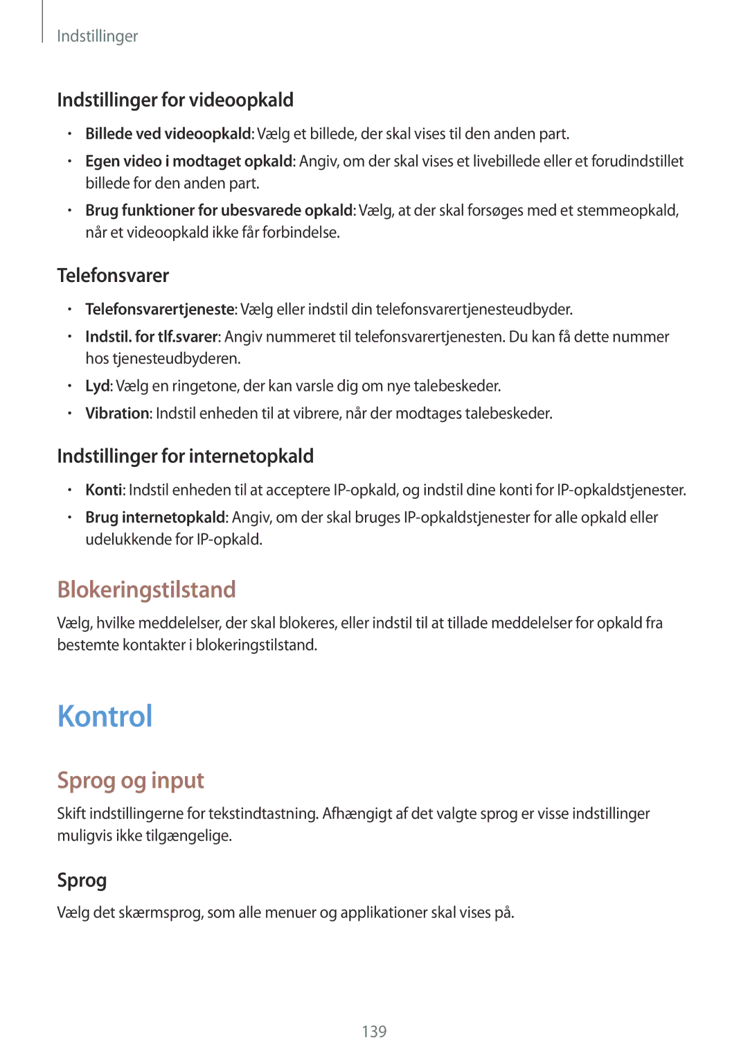 Samsung SM-T525NZWANEE, SM-T525NZKANEE manual Kontrol, Blokeringstilstand, Sprog og input 