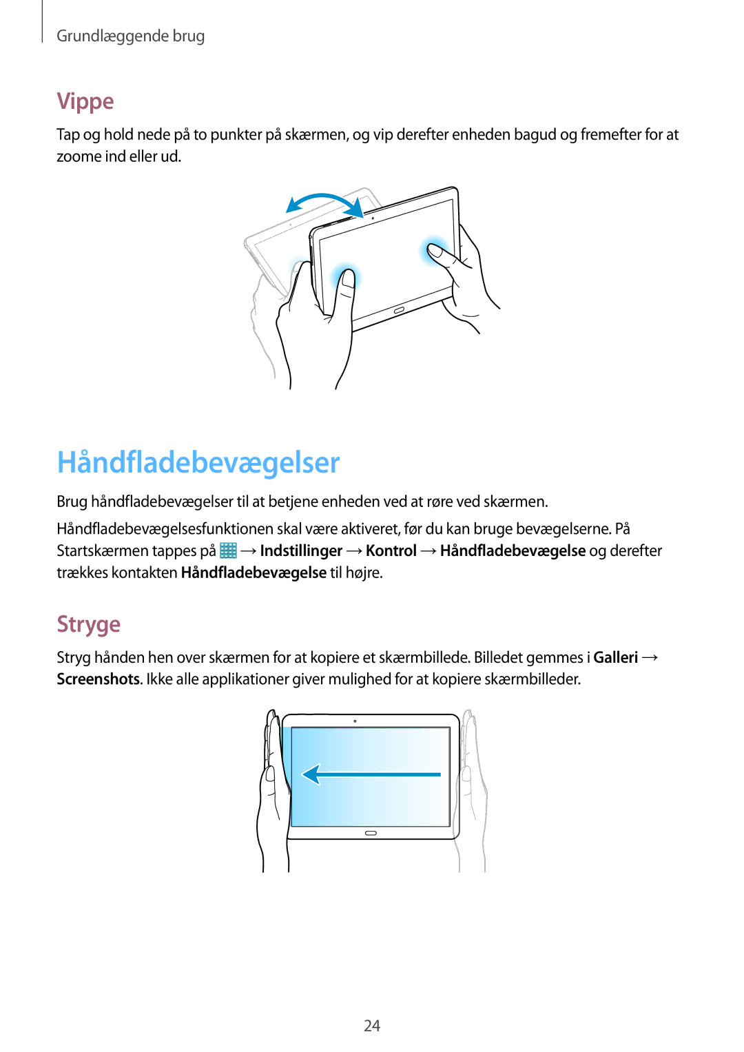 Samsung SM-T525NZKANEE, SM-T525NZWANEE manual Håndfladebevægelser, Vippe, Stryge 