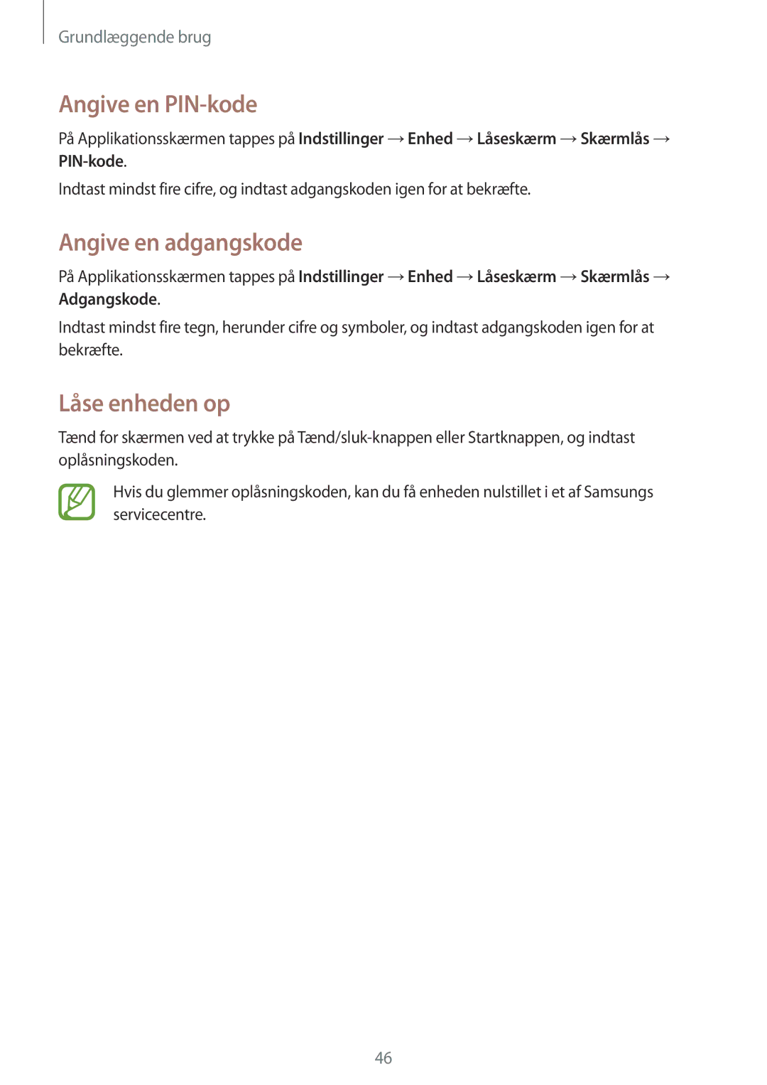 Samsung SM-T525NZKANEE, SM-T525NZWANEE manual Angive en PIN-kode, Angive en adgangskode, Låse enheden op 