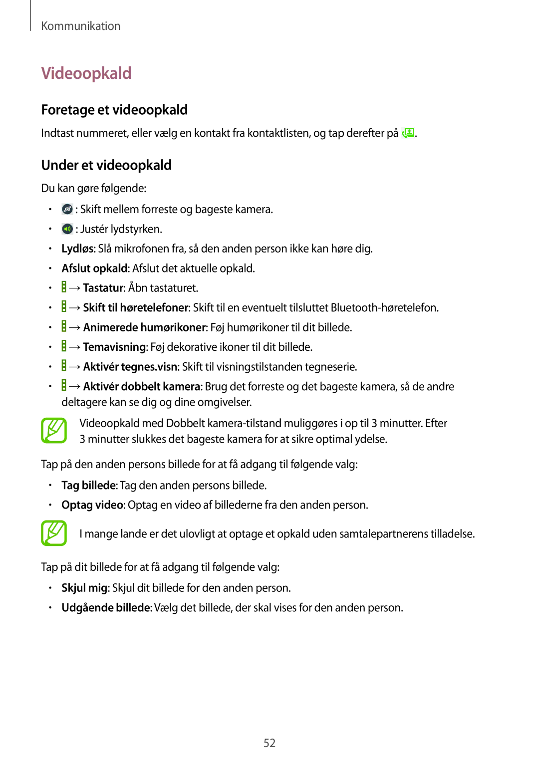 Samsung SM-T525NZKANEE, SM-T525NZWANEE manual Videoopkald, Foretage et videoopkald, Under et videoopkald 