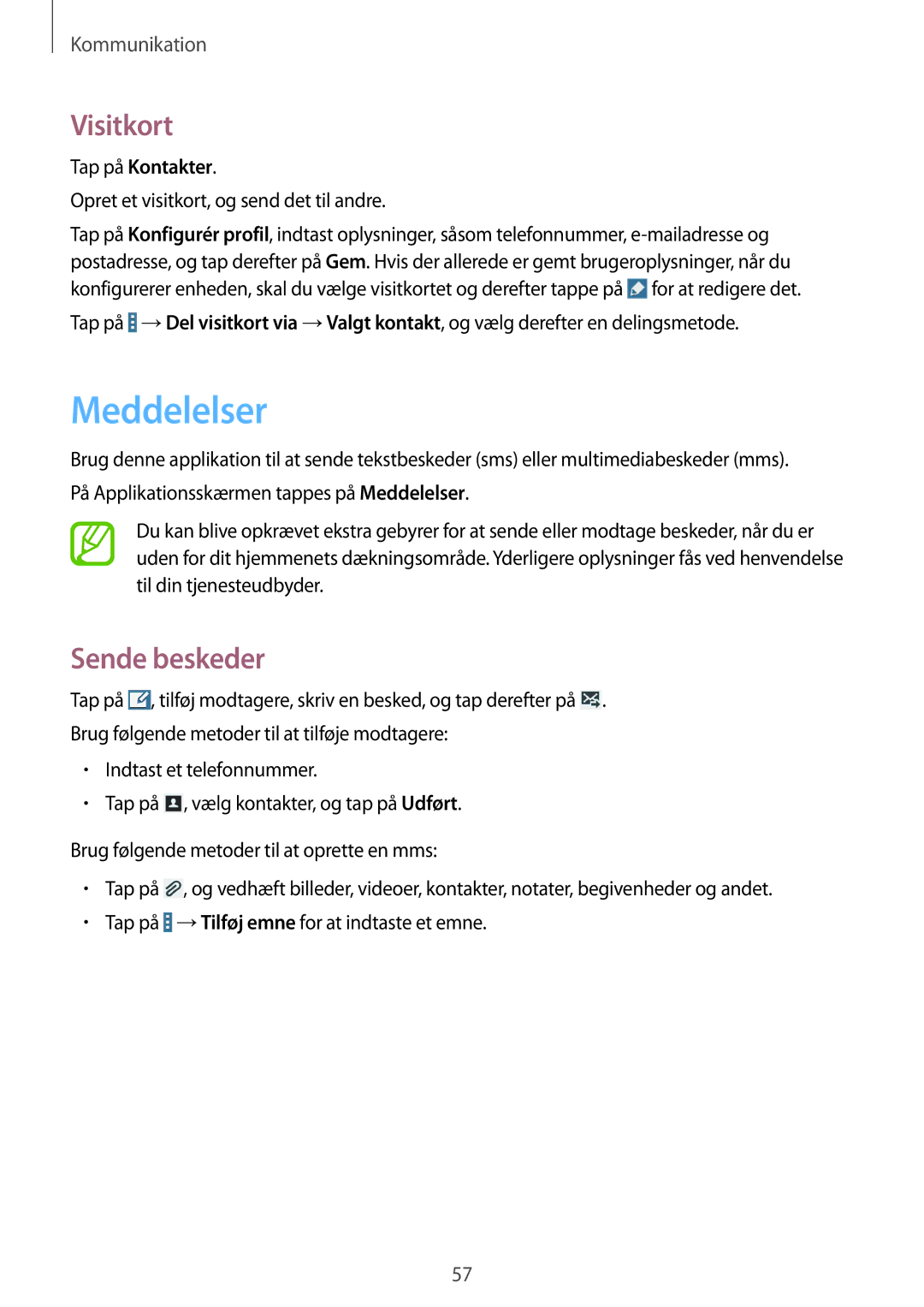 Samsung SM-T525NZWANEE, SM-T525NZKANEE manual Meddelelser, Visitkort, Sende beskeder 