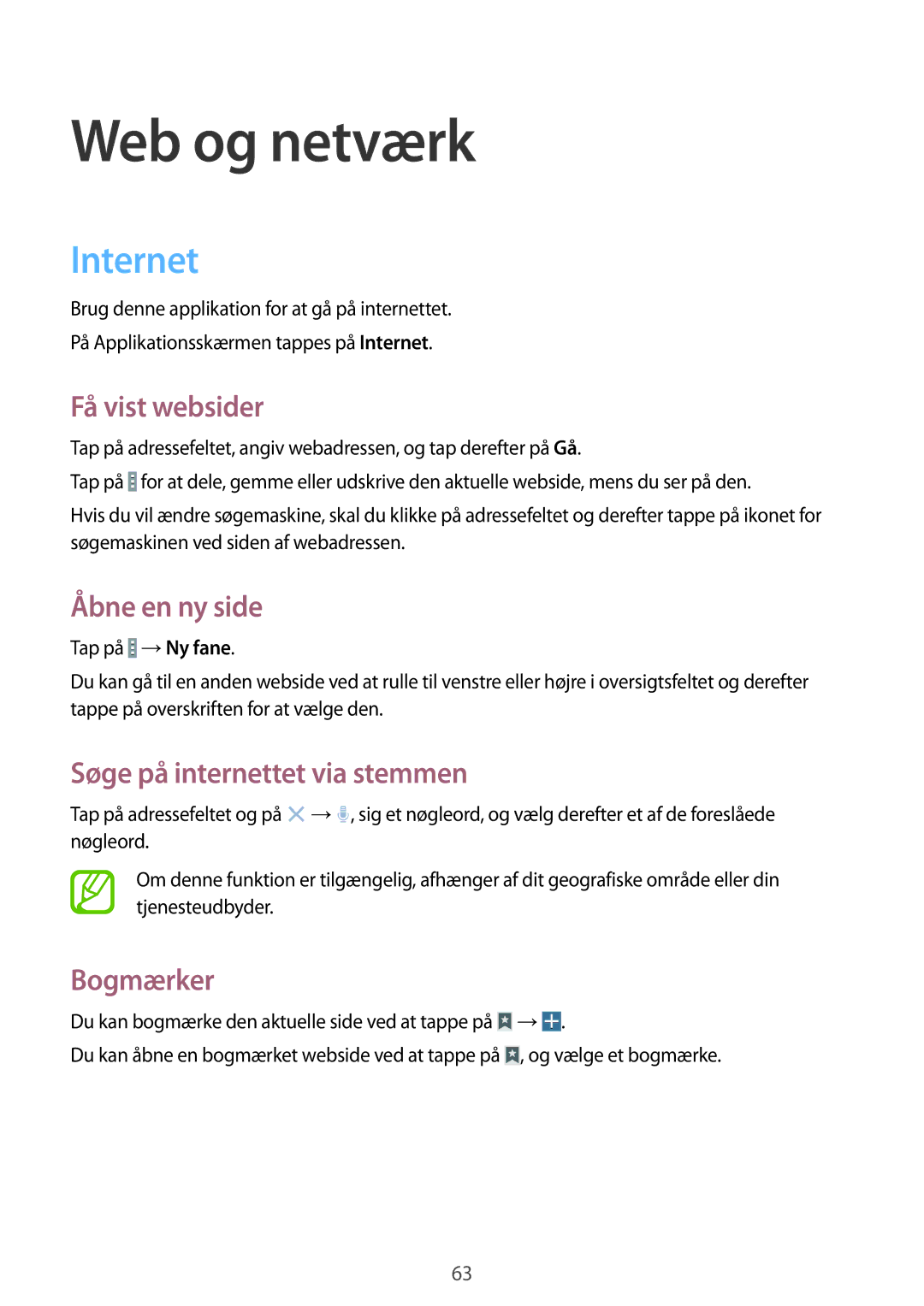 Samsung SM-T525NZWANEE manual Internet, Få vist websider, Åbne en ny side, Søge på internettet via stemmen, Bogmærker 