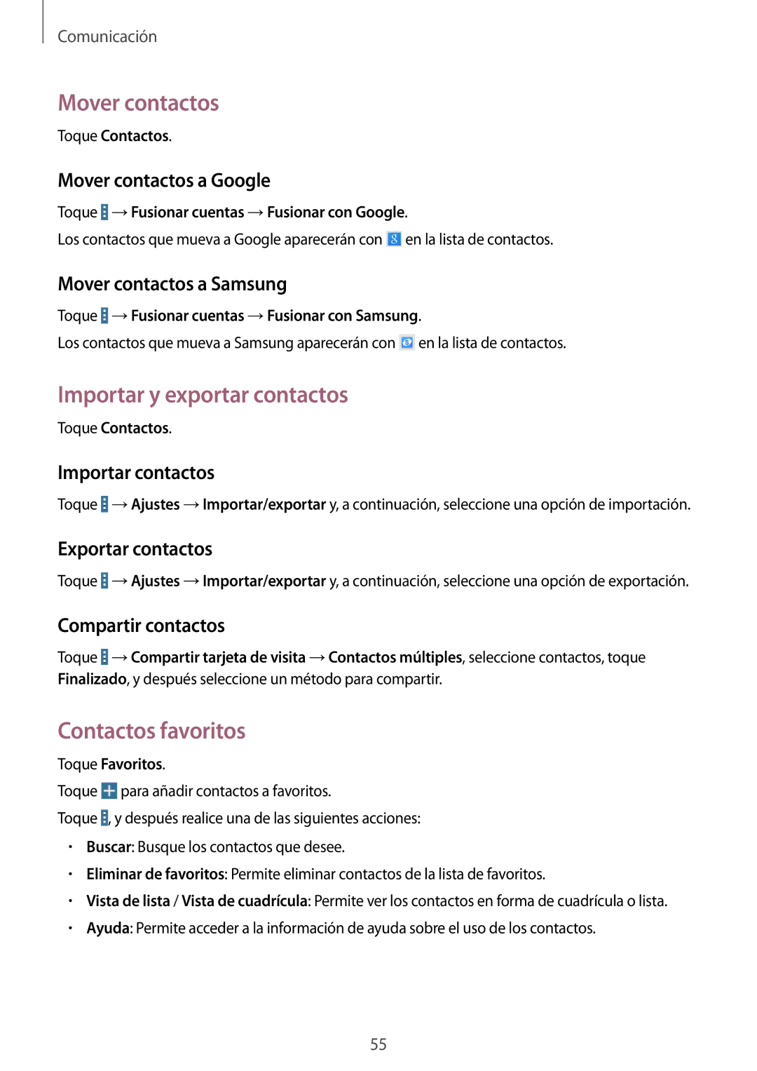 Samsung SM-T525NZWAPHE, SM-T525NZKAPHE manual Mover contactos, Importar y exportar contactos, Contactos favoritos 