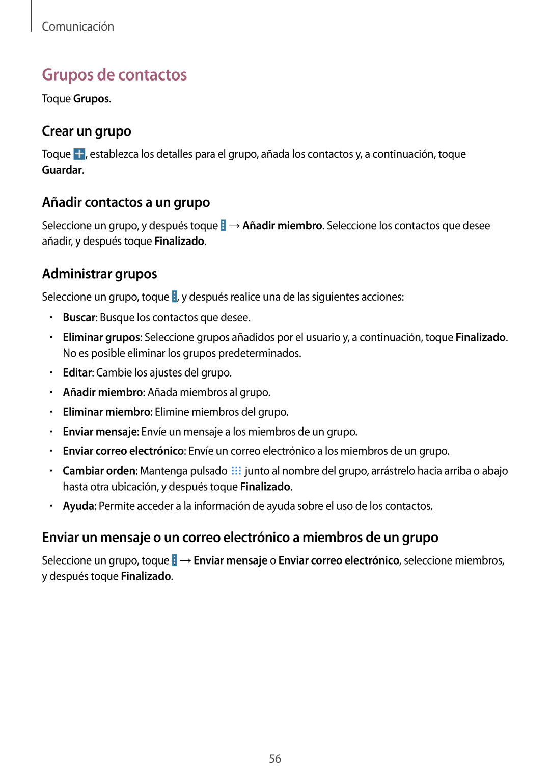 Samsung SM-T525NZKAPHE manual Grupos de contactos, Crear un grupo, Añadir contactos a un grupo, Administrar grupos 