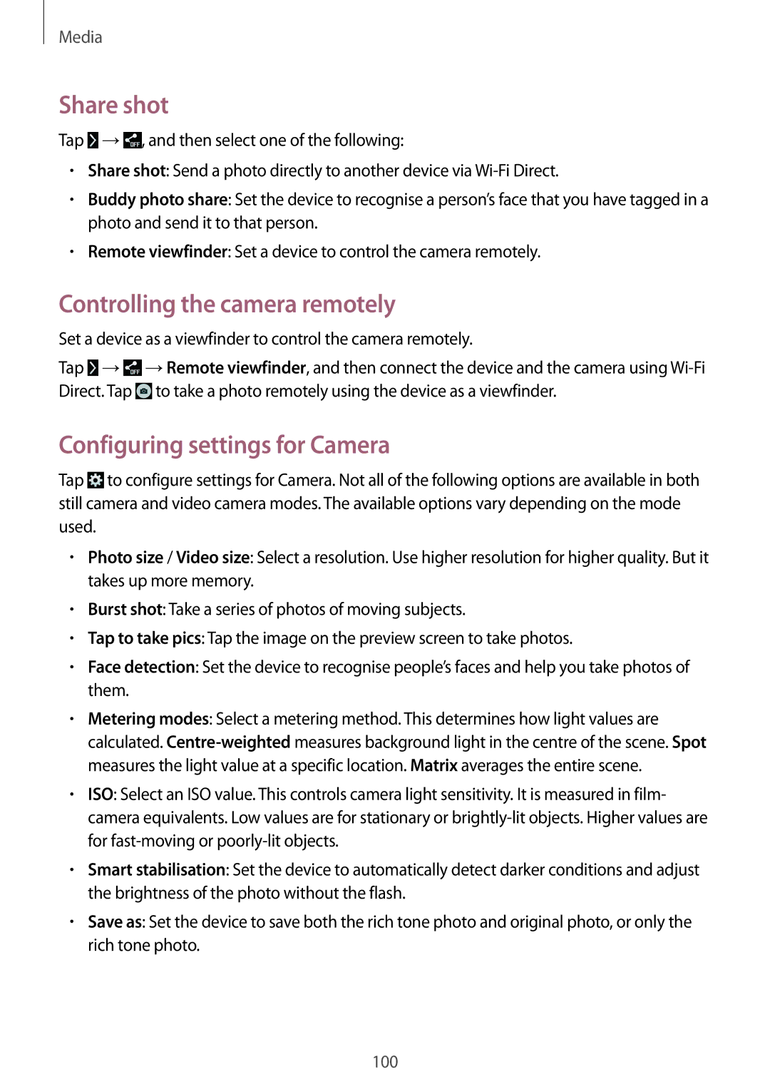 Samsung SM-T525NZWAITV, SM-T525NZKAXEO manual Share shot, Controlling the camera remotely, Configuring settings for Camera 