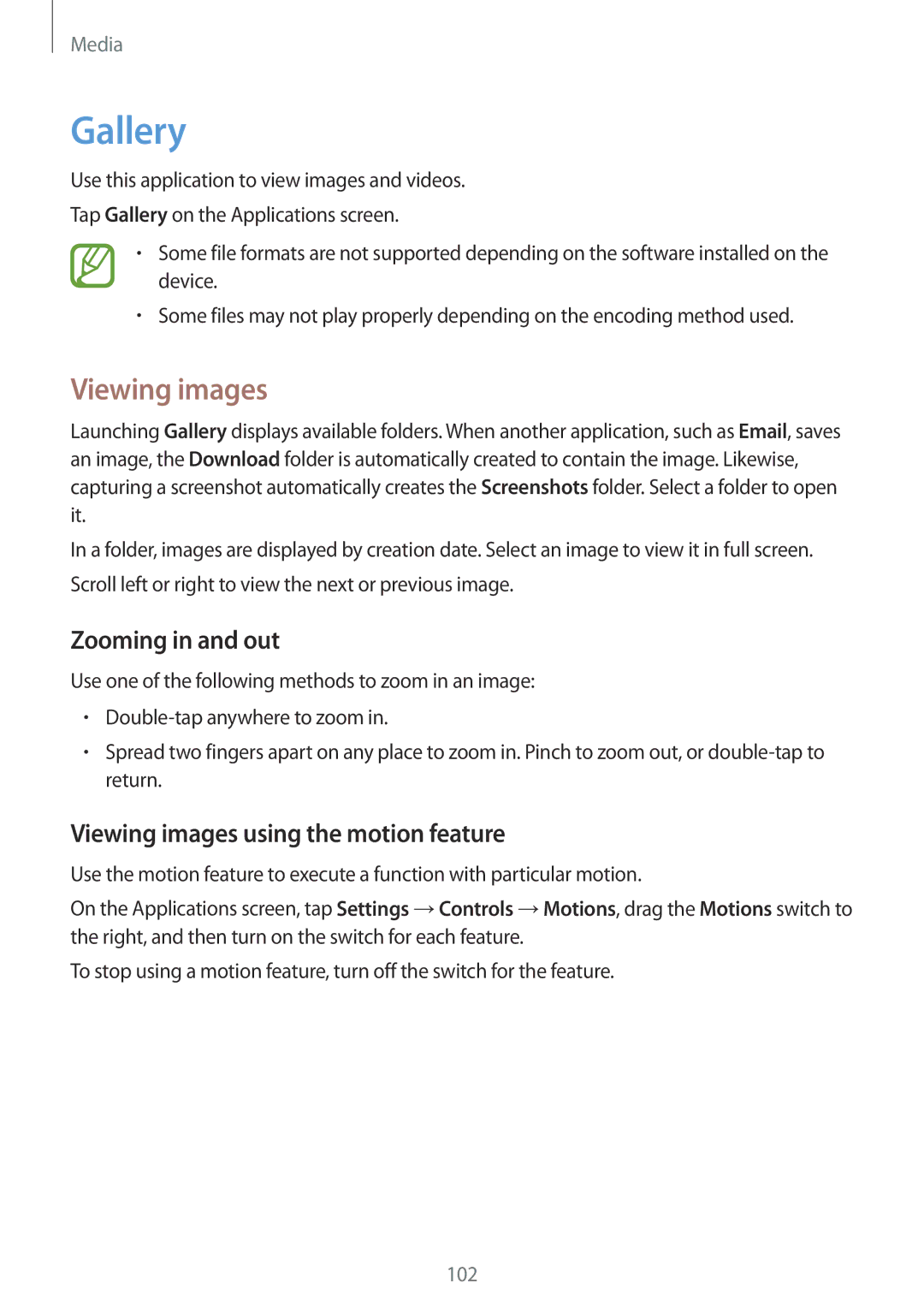 Samsung SM-T525NZWAPHE, SM-T525NZKAXEO manual Gallery, Zooming in and out, Viewing images using the motion feature 