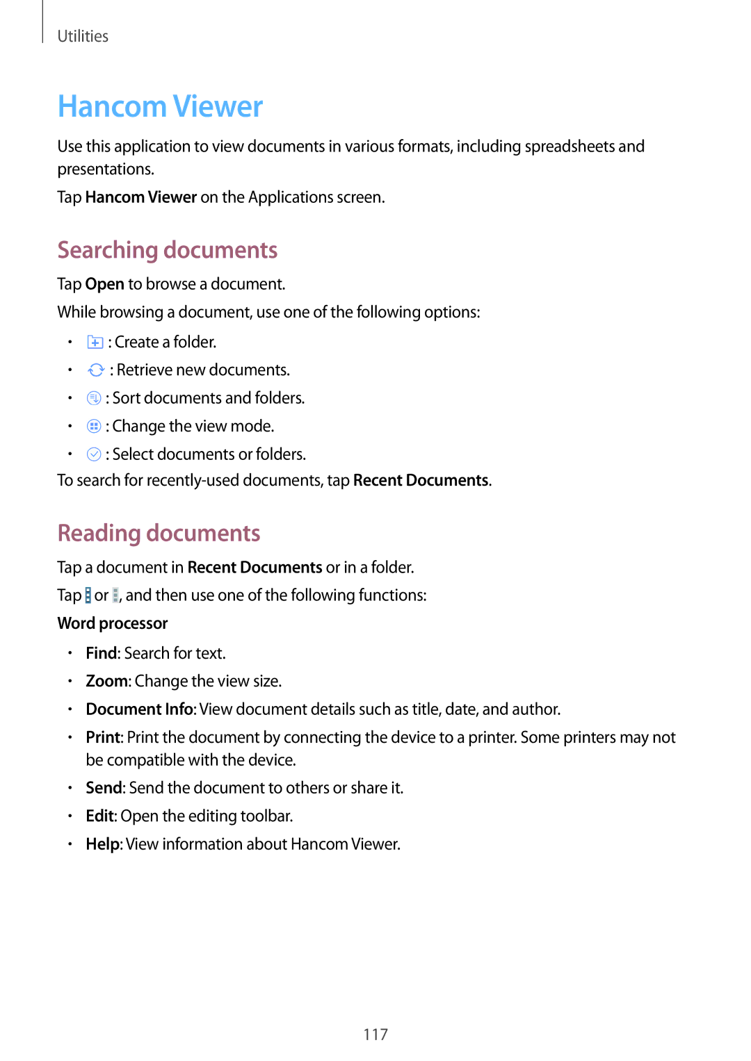 Samsung SM-T525NZWAEUR, SM-T525NZKAXEO manual Hancom Viewer, Searching documents, Reading documents, Word processor 