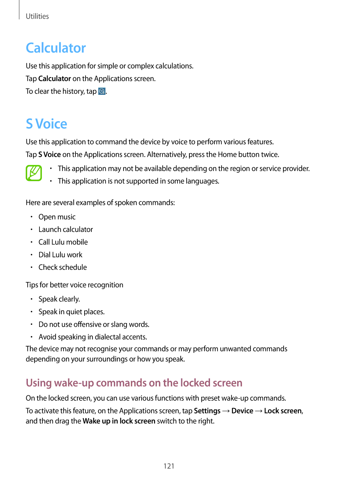 Samsung SM-T525NZWAXEF, SM-T525NZKAXEO, SM-T525NZKAATO manual Calculator, Voice, Using wake-up commands on the locked screen 