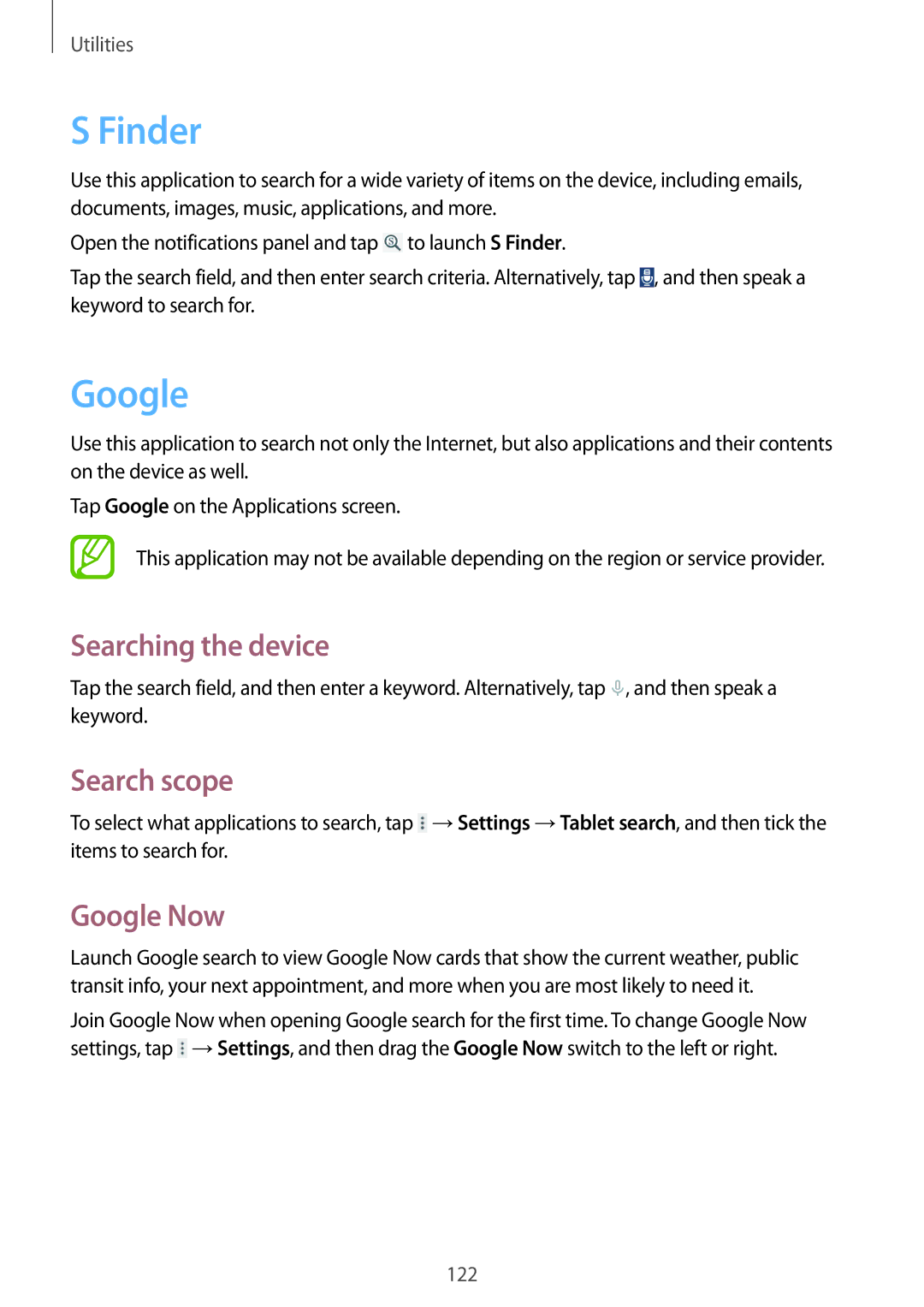 Samsung SM-T525NZKAXEF, SM-T525NZKAXEO, SM-T525NZKAATO manual Finder, Searching the device, Search scope, Google Now 