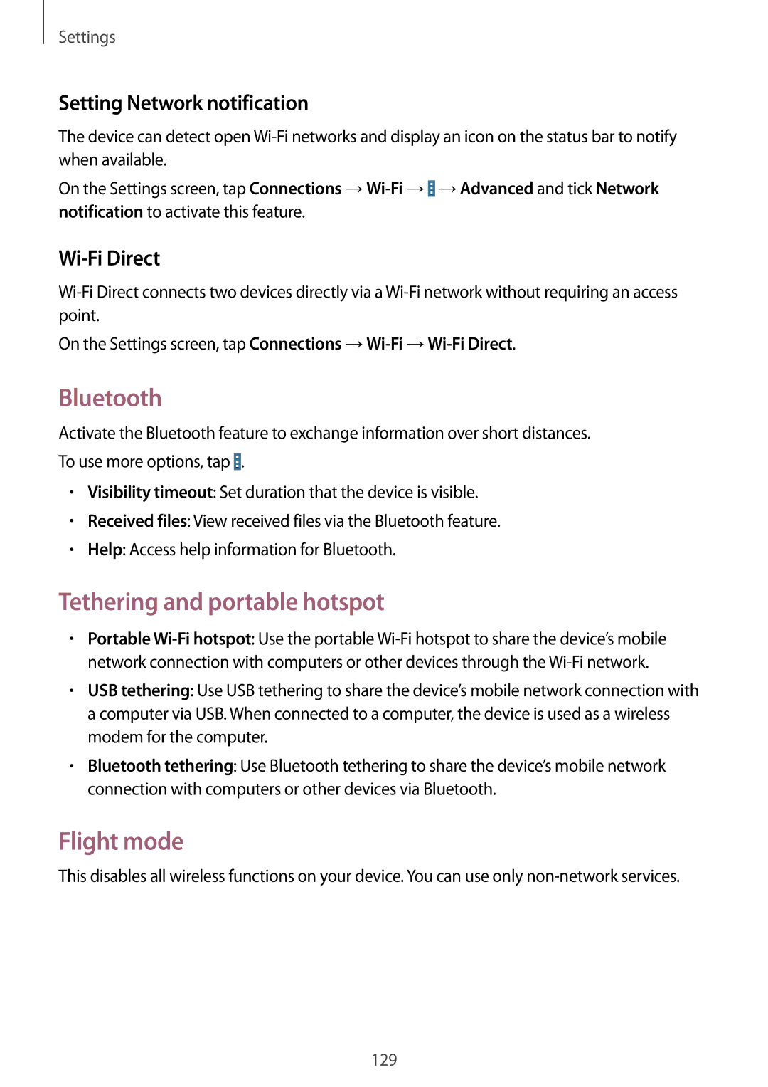 Samsung SM-T525NZKABGL Bluetooth, Tethering and portable hotspot, Flight mode, Setting Network notification, Wi-Fi Direct 