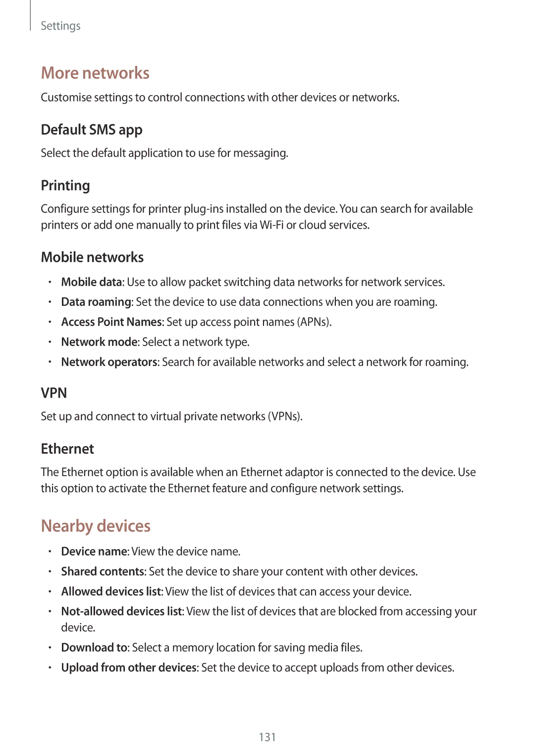 Samsung SM-T525NZKANEE, SM-T525NZKAXEO, SM-T525NZKAATO, SM-T525NZWAEUR, SM-T525NZKADBT manual More networks, Nearby devices 