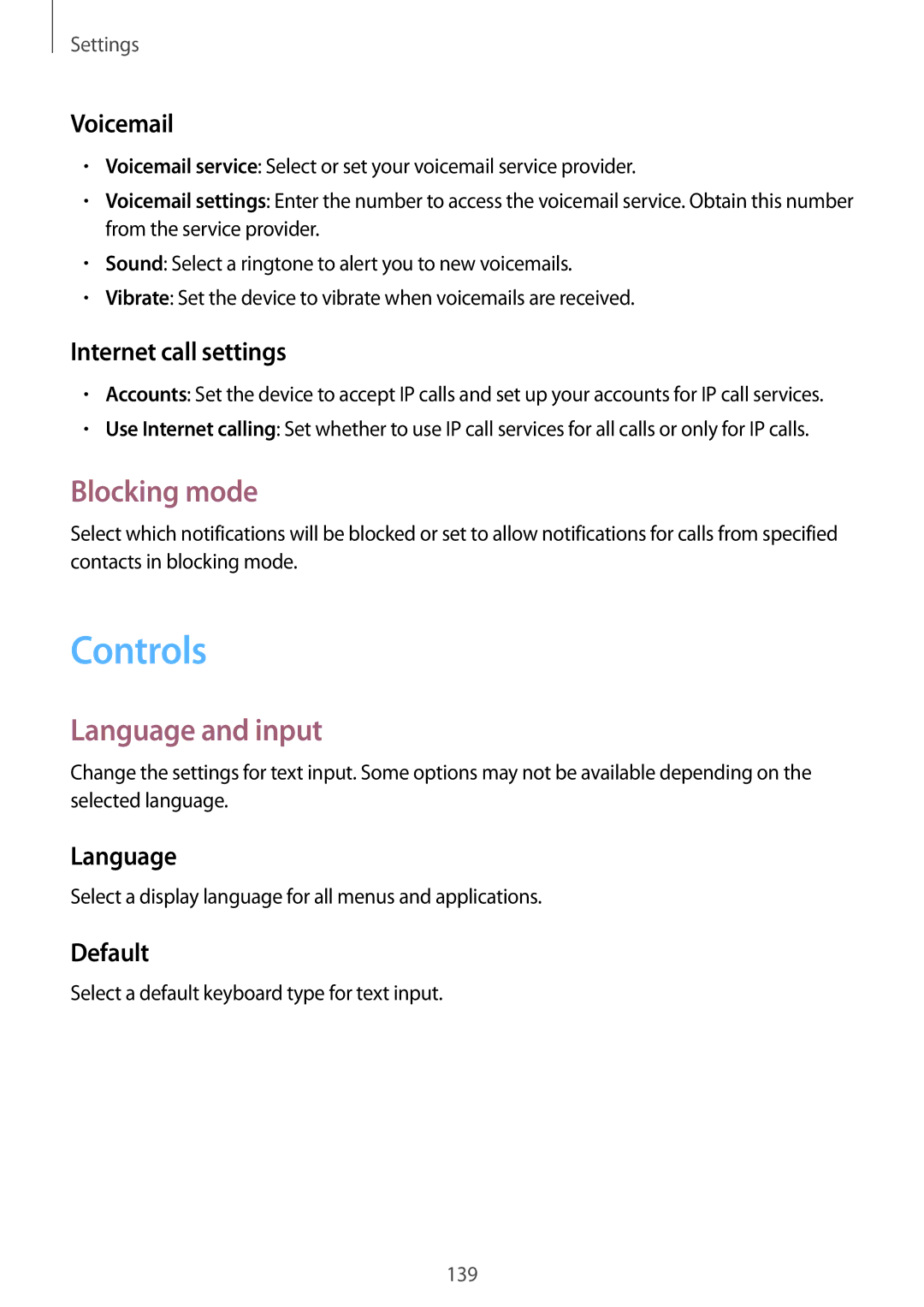 Samsung SM-T525NZKAATO, SM-T525NZKAXEO, SM-T525NZWAEUR, SM-T525NZKADBT manual Controls, Blocking mode, Language and input 