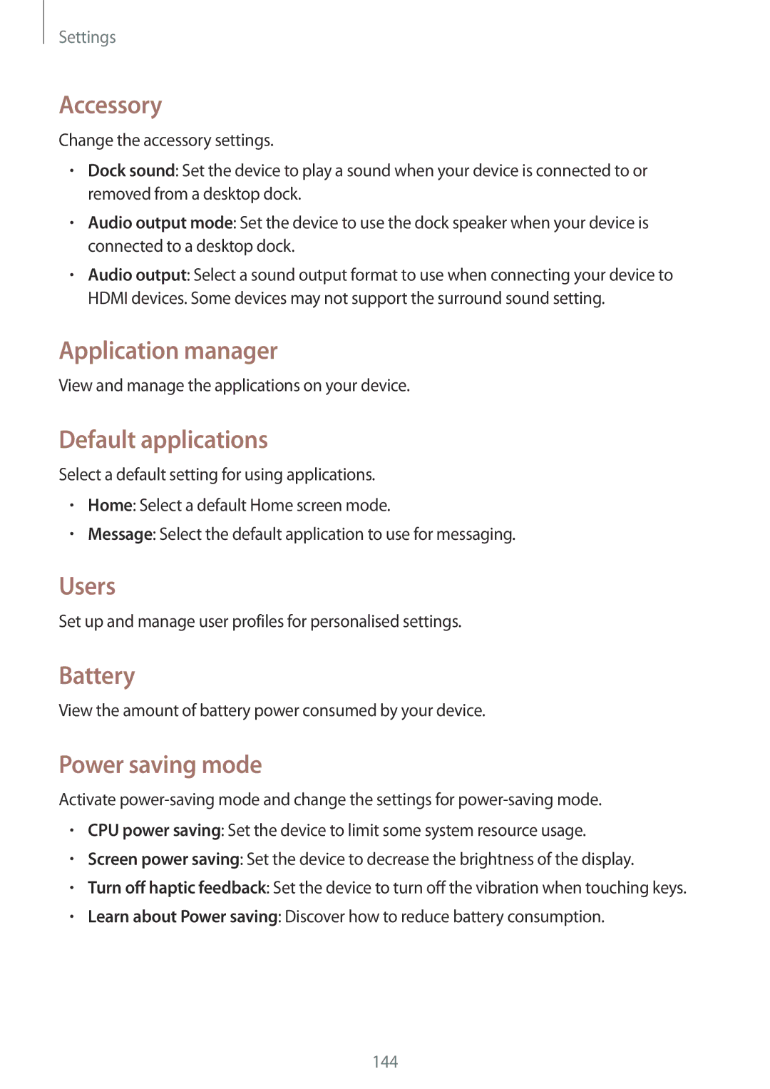 Samsung SM-T525NZWAXEF manual Accessory, Application manager, Default applications, Users, Battery, Power saving mode 