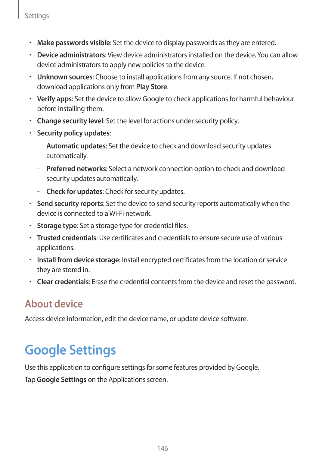 Samsung SM-T525NZWAITV, SM-T525NZKAXEO, SM-T525NZKAATO manual Google Settings, About device, Security policy updates 