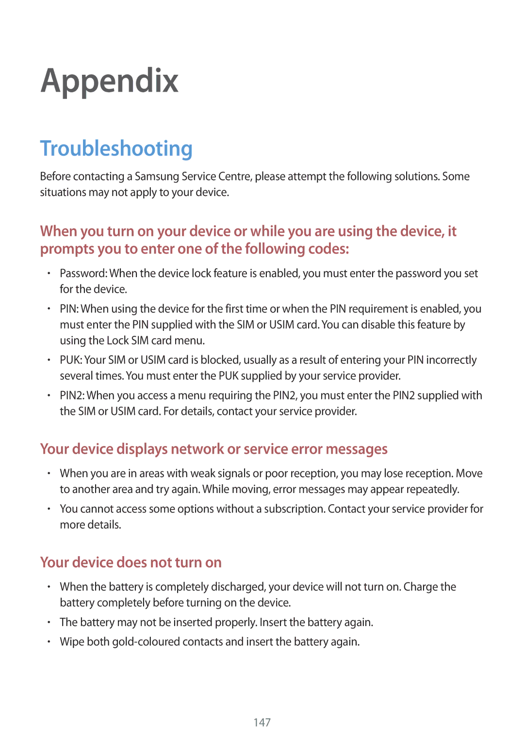 Samsung SM-T525NZKAPHE, SM-T525NZKAXEO, SM-T525NZKAATO, SM-T525NZWAEUR, SM-T525NZKADBT manual Appendix, Troubleshooting 