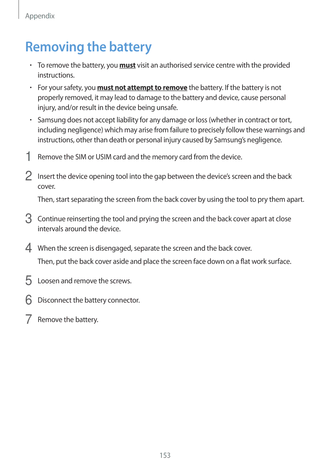 Samsung SM-T525NZWABGL, SM-T525NZKAXEO, SM-T525NZKAATO, SM-T525NZWAEUR, SM-T525NZKADBT manual Removing the battery, 153 