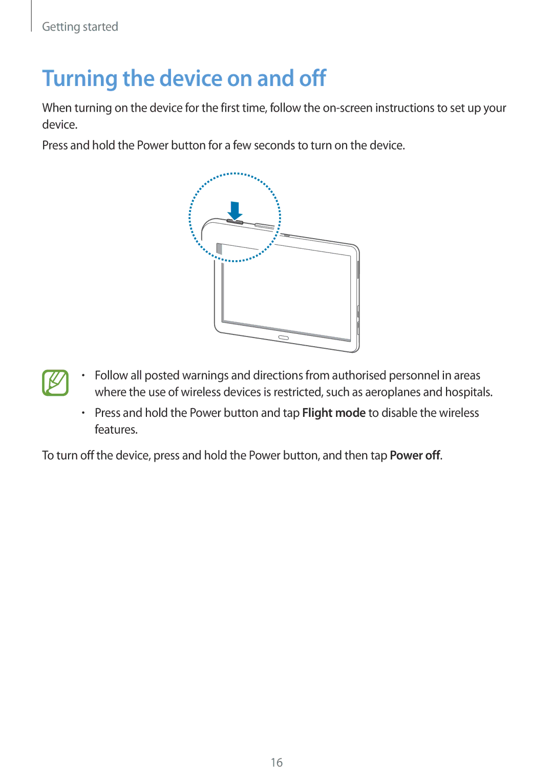 Samsung SM-T525NZKANEE, SM-T525NZKAXEO, SM-T525NZKAATO, SM-T525NZWAEUR, SM-T525NZKADBT manual Turning the device on and off 