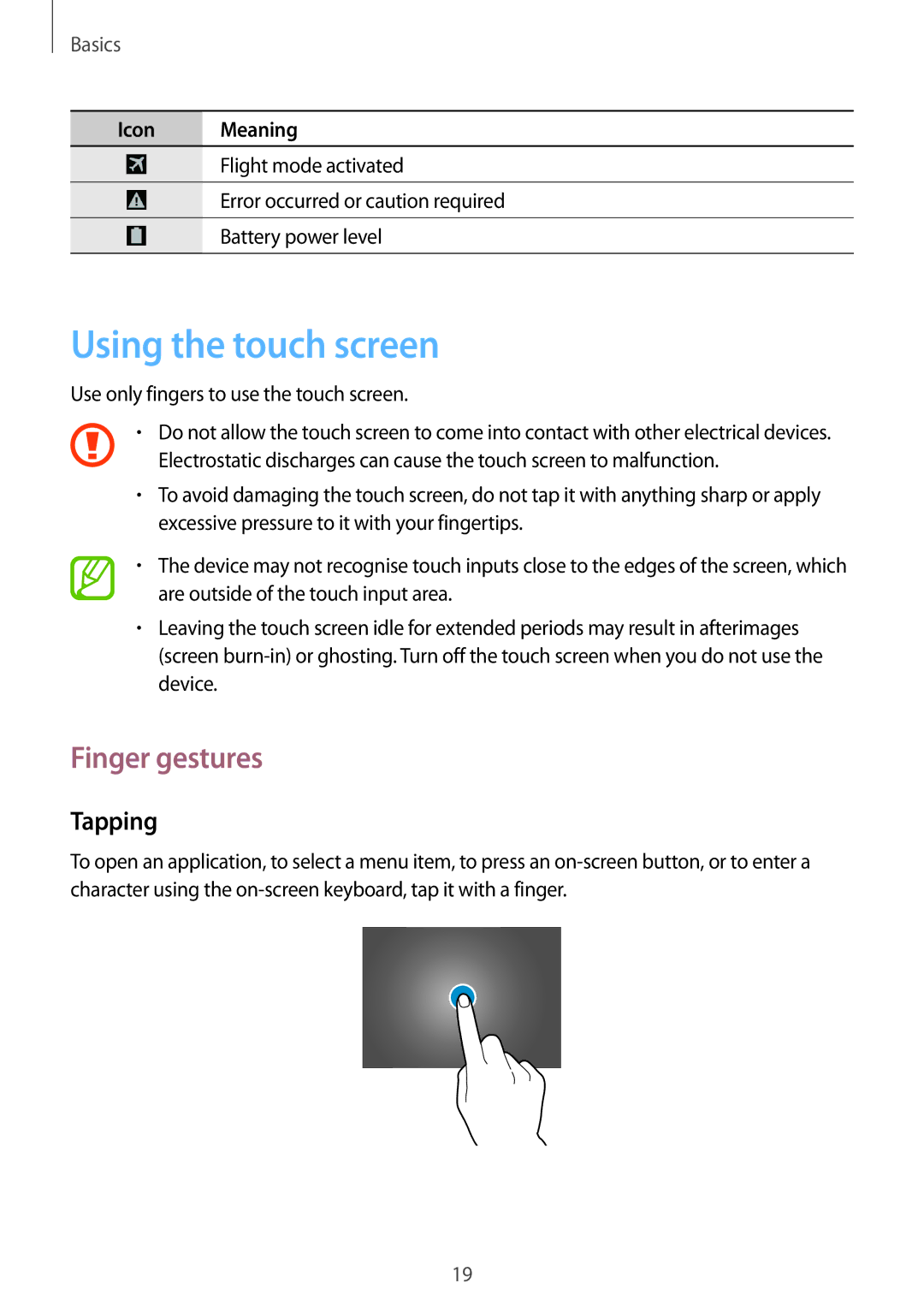 Samsung SM-T525NZKASEB, SM-T525NZKAXEO, SM-T525NZKAATO, SM-T525NZWAEUR manual Using the touch screen, Finger gestures, Tapping 