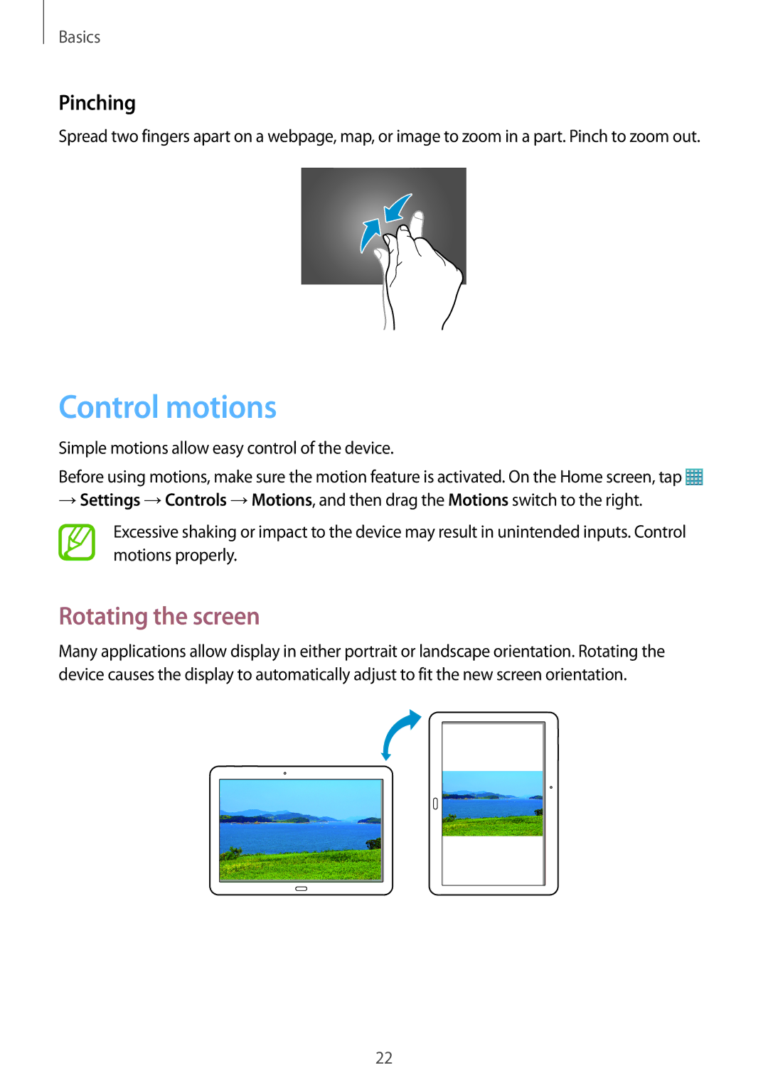 Samsung SM-T525NZWASER, SM-T525NZKAXEO, SM-T525NZKAATO, SM-T525NZWAEUR manual Control motions, Rotating the screen, Pinching 