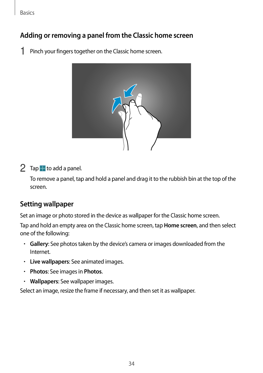 Samsung SM-T525NZWAXSG, SM-T525NZKAXEO manual Adding or removing a panel from the Classic home screen, Setting wallpaper 