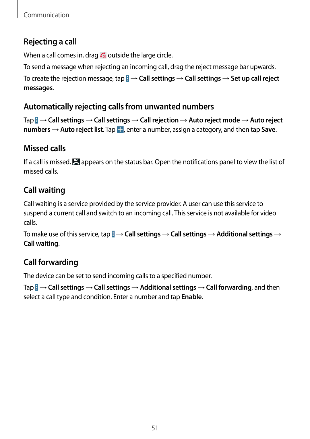 Samsung SM-T525NZWAATO Rejecting a call, Automatically rejecting calls from unwanted numbers, Missed calls, Call waiting 