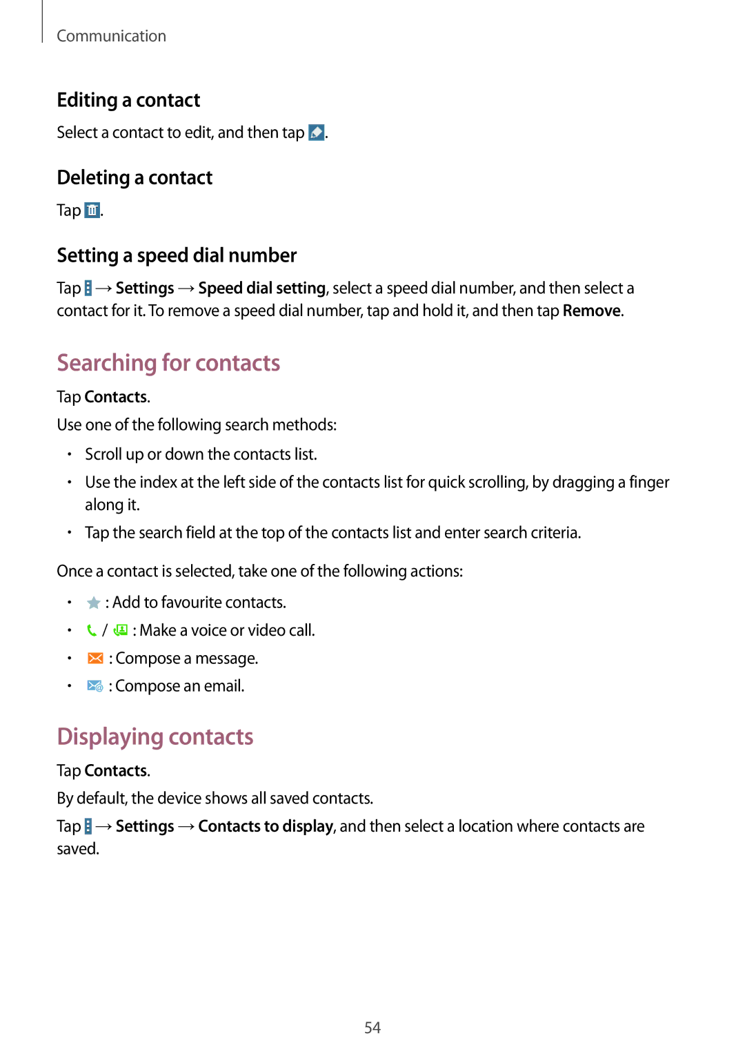 Samsung SM-T525NZWAITV, SM-T525NZKAXEO Searching for contacts, Displaying contacts, Editing a contact, Deleting a contact 