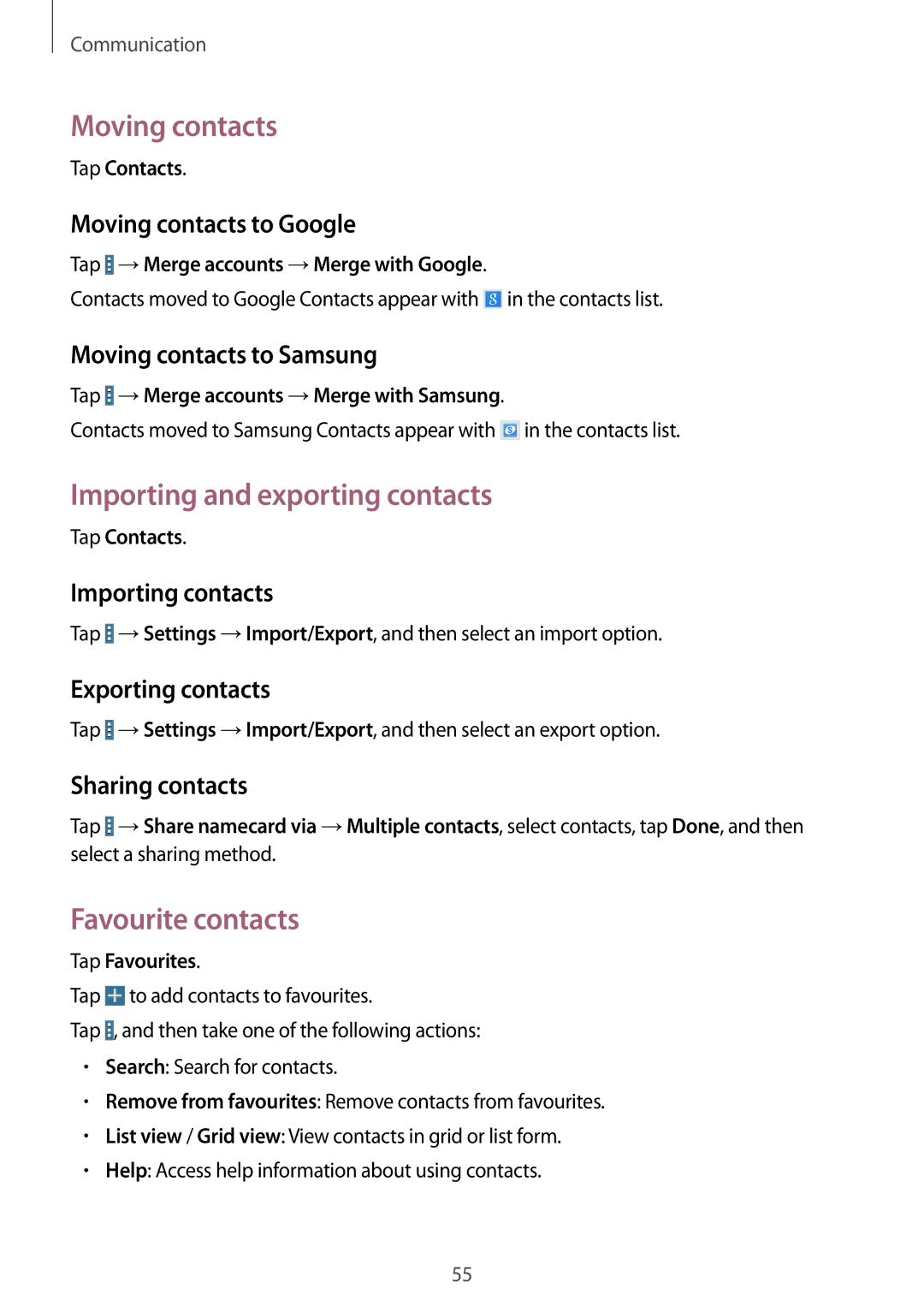 Samsung SM-T525NZKAPHE, SM-T525NZKAXEO manual Moving contacts, Importing and exporting contacts, Favourite contacts 