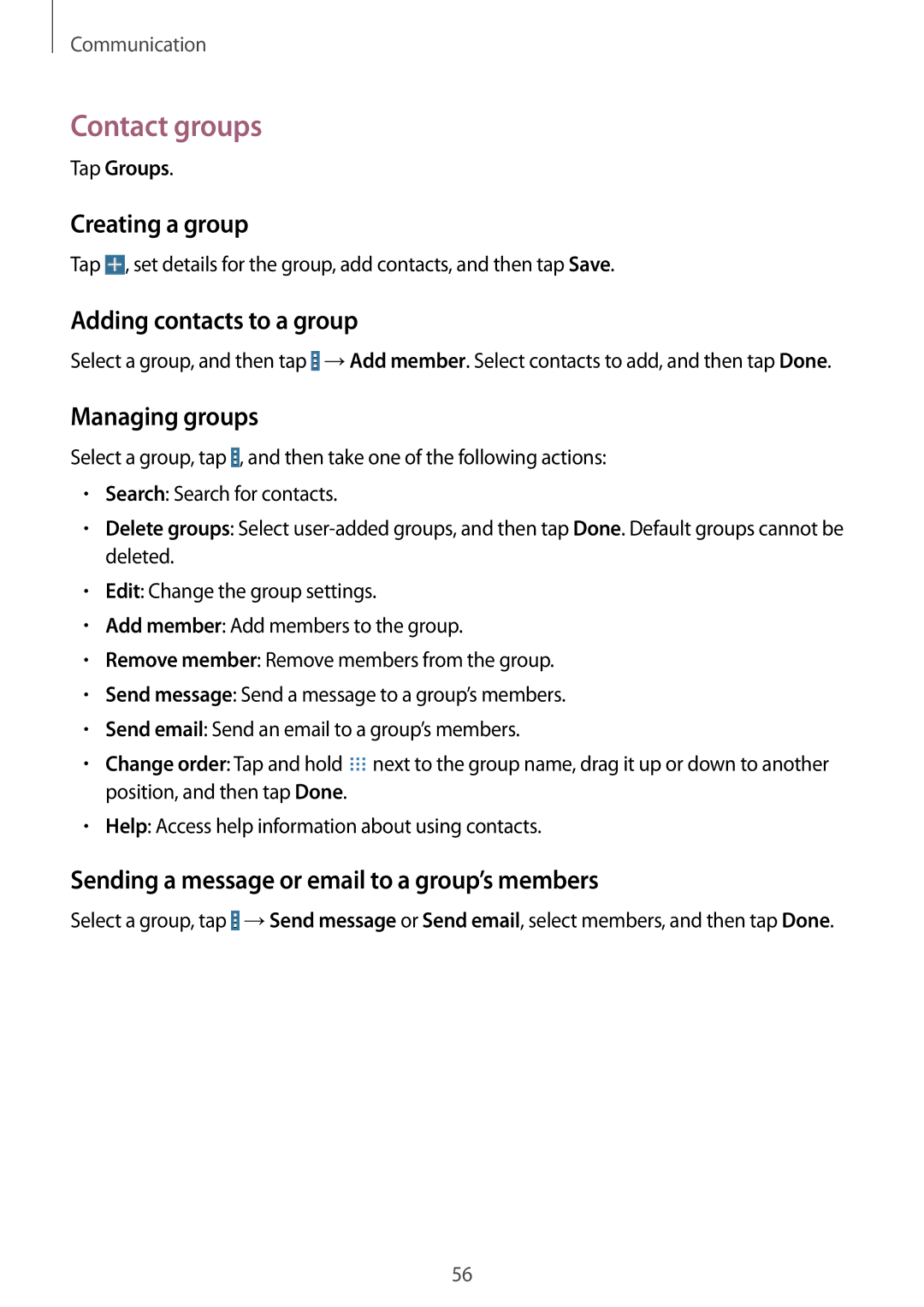 Samsung SM-T525NZWAPHE, SM-T525NZKAXEO manual Contact groups, Creating a group, Adding contacts to a group, Managing groups 