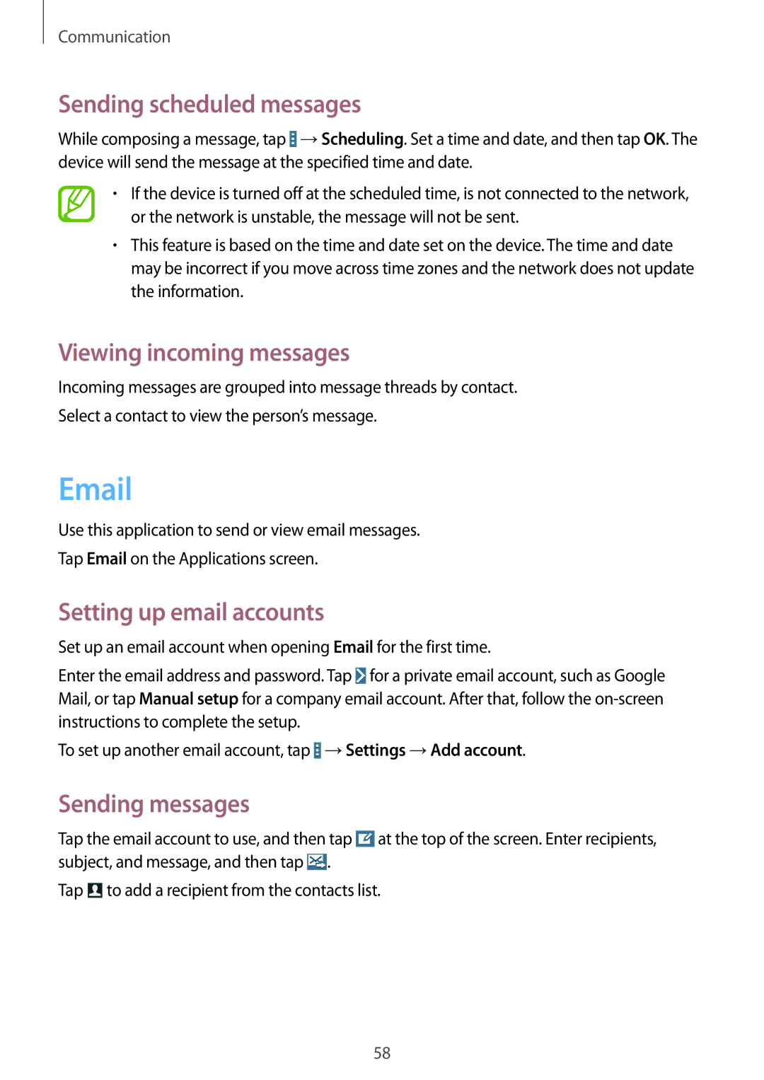 Samsung SM-T525NZKAKSA, SM-T525NZKAXEO Sending scheduled messages, Viewing incoming messages, Setting up email accounts 