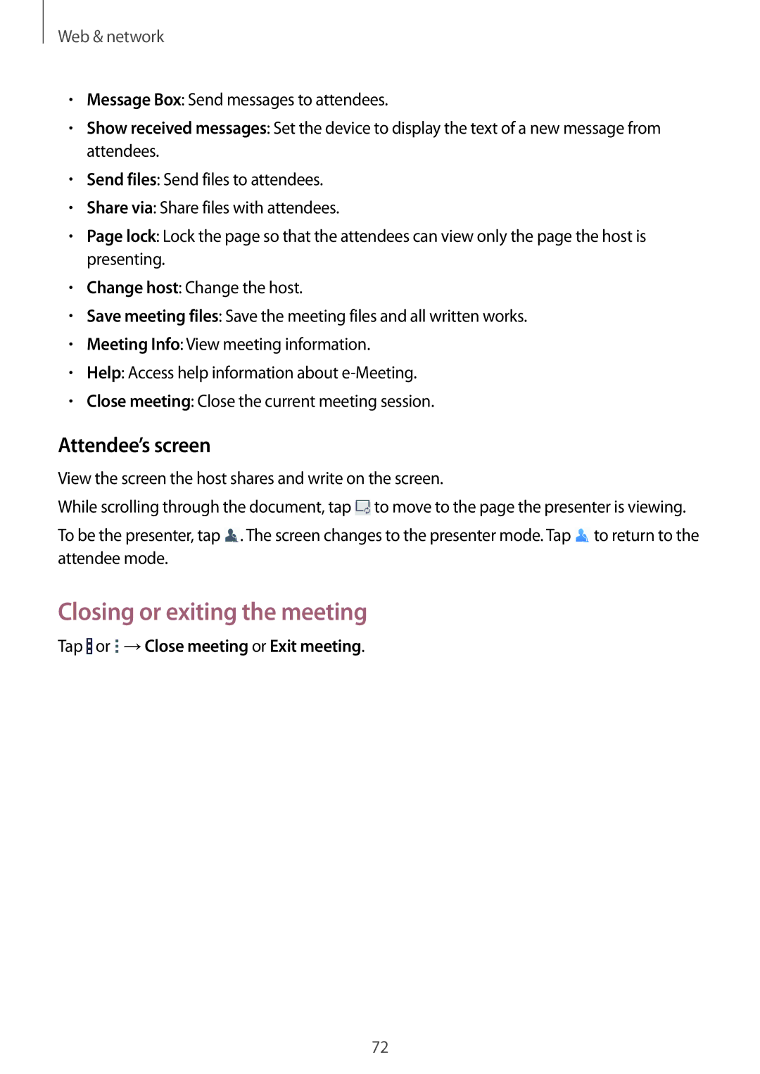 Samsung SM-T525NZKADBT manual Closing or exiting the meeting, Attendee’s screen, Tap or →Close meeting or Exit meeting 