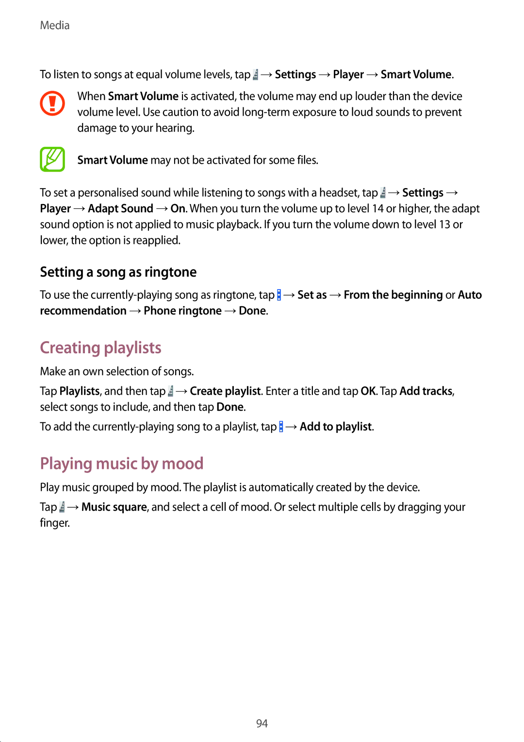 Samsung SM-T525NZWAEUR, SM-T525NZKAXEO manual Creating playlists, Playing music by mood, Setting a song as ringtone 