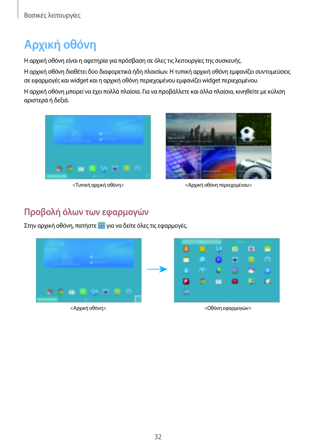 Samsung SM-T525NZWAEUR, SM-T525NZKAEUR manual Αρχική οθόνη, Προβολή όλων των εφαρμογών 