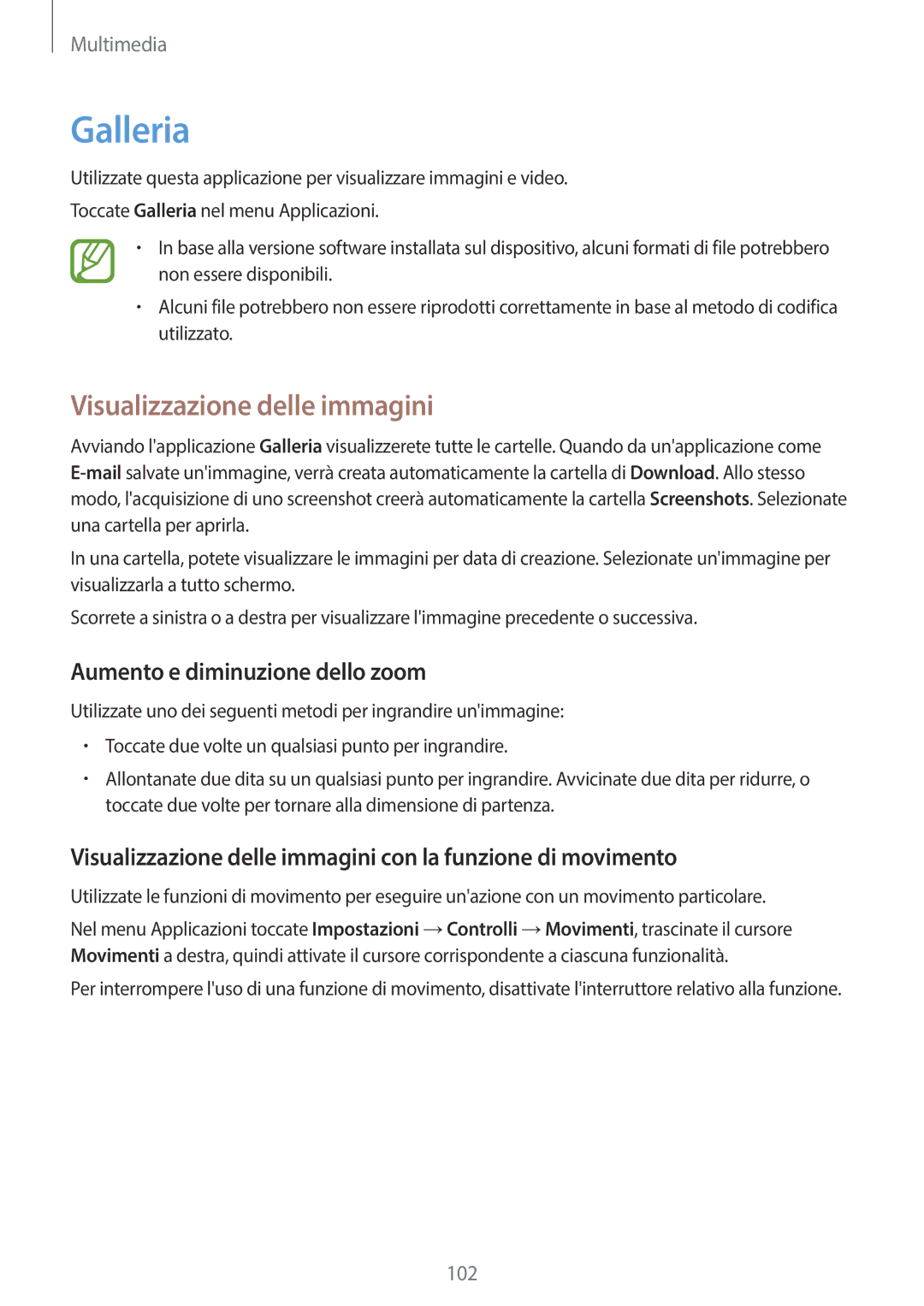 Samsung SM-T525NZWAITV manual Galleria, Visualizzazione delle immagini, Aumento e diminuzione dello zoom 