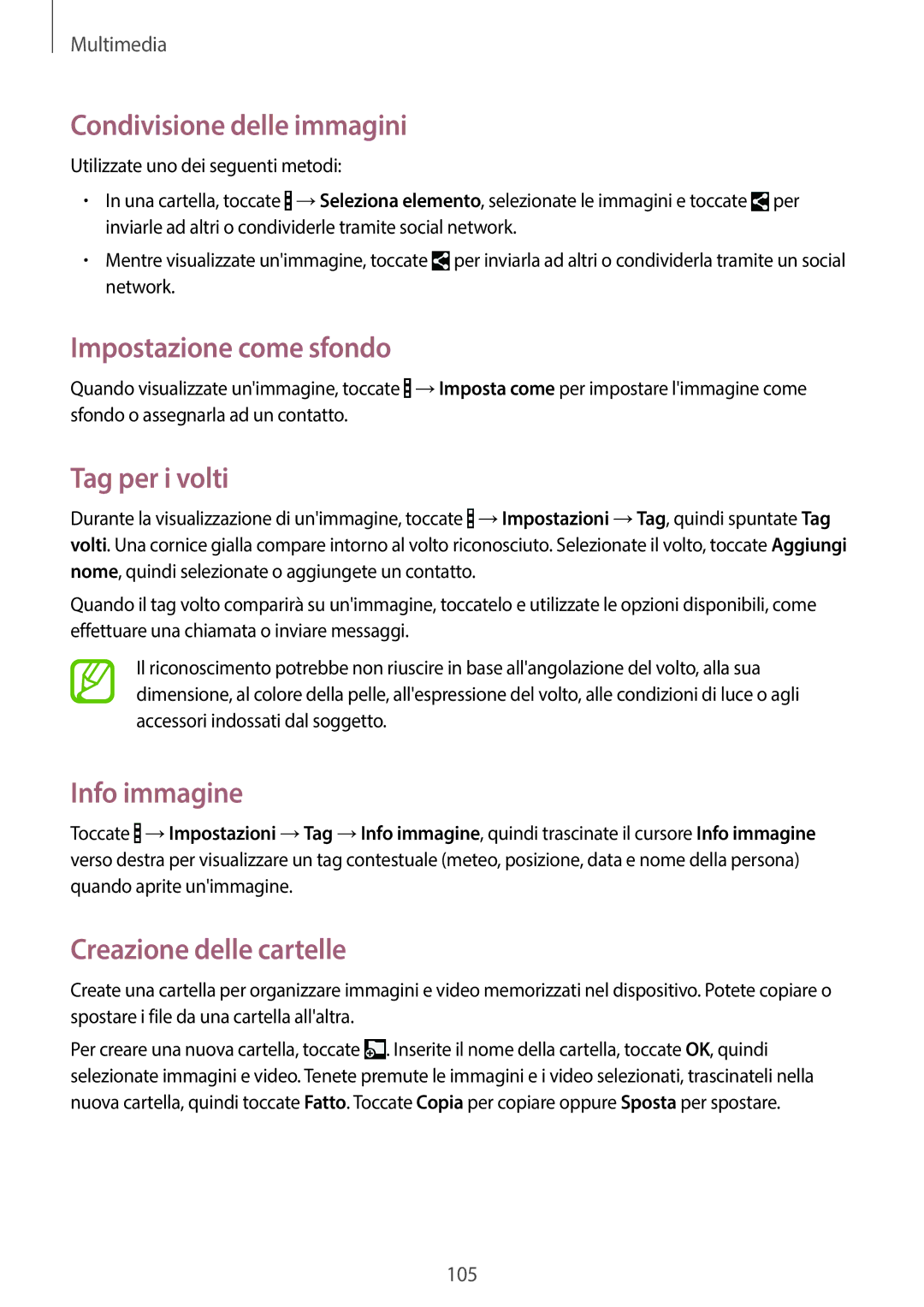 Samsung SM-T525NZWAITV manual Condivisione delle immagini, Impostazione come sfondo, Tag per i volti, Info immagine 