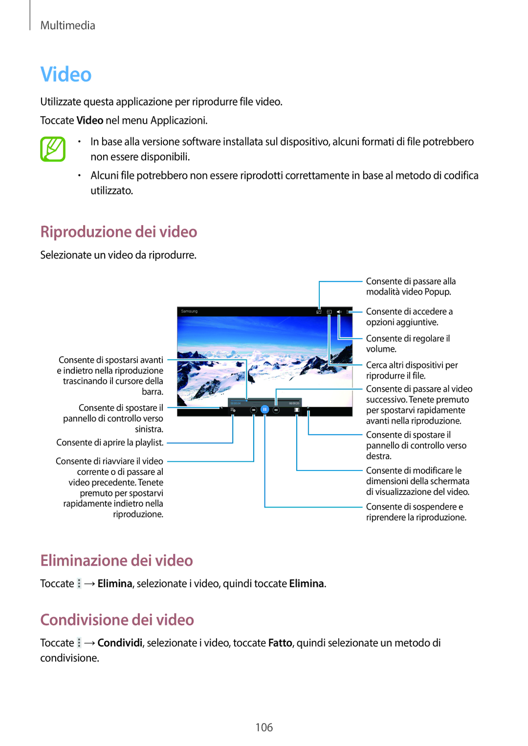 Samsung SM-T525NZWAITV manual Video, Eliminazione dei video, Condivisione dei video 