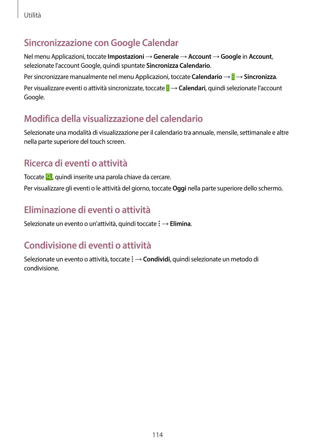 Samsung SM-T525NZWAITV manual Sincronizzazione con Google Calendar, Modifica della visualizzazione del calendario 