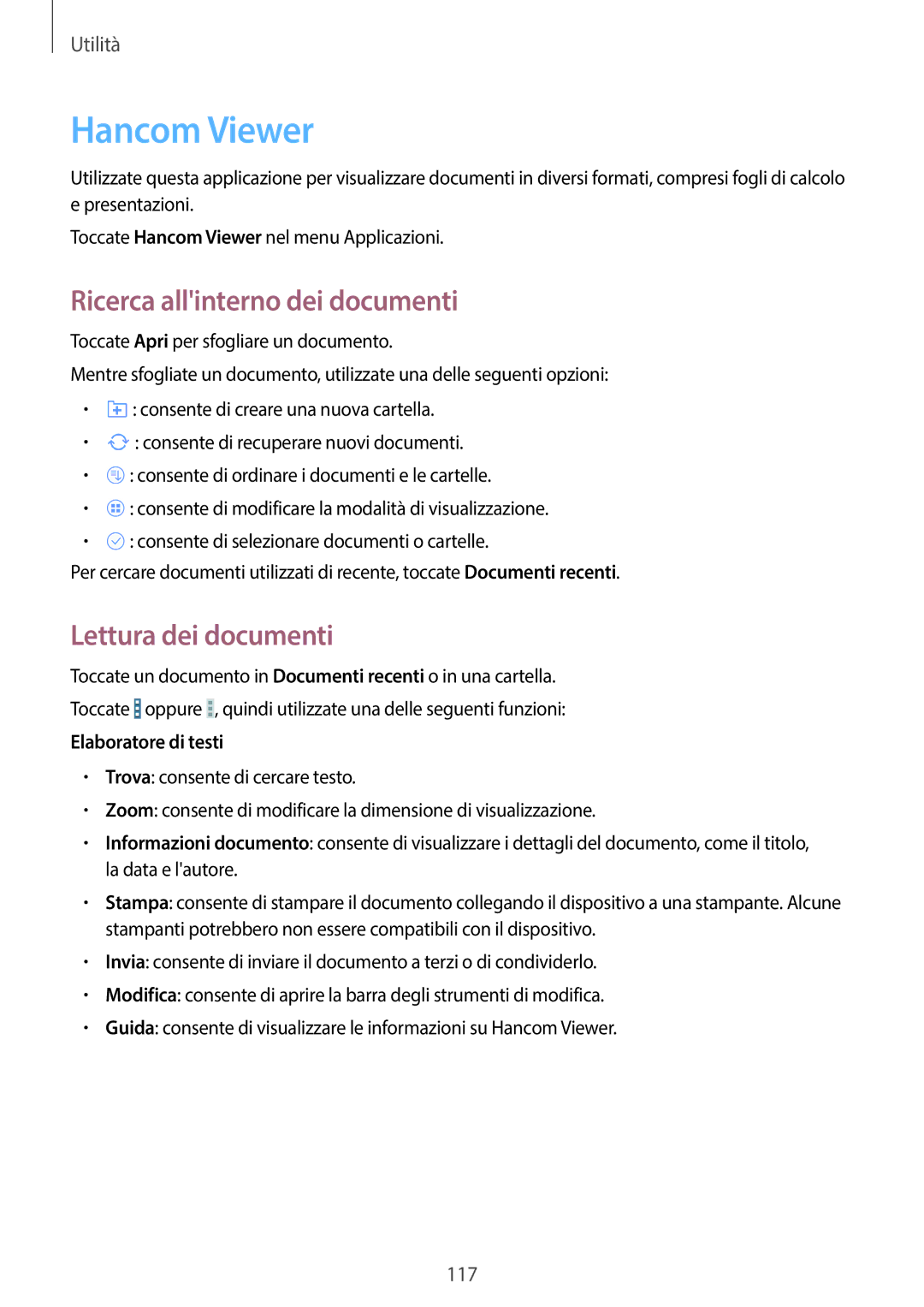 Samsung SM-T525NZWAITV manual Hancom Viewer, Ricerca allinterno dei documenti, Lettura dei documenti, Elaboratore di testi 